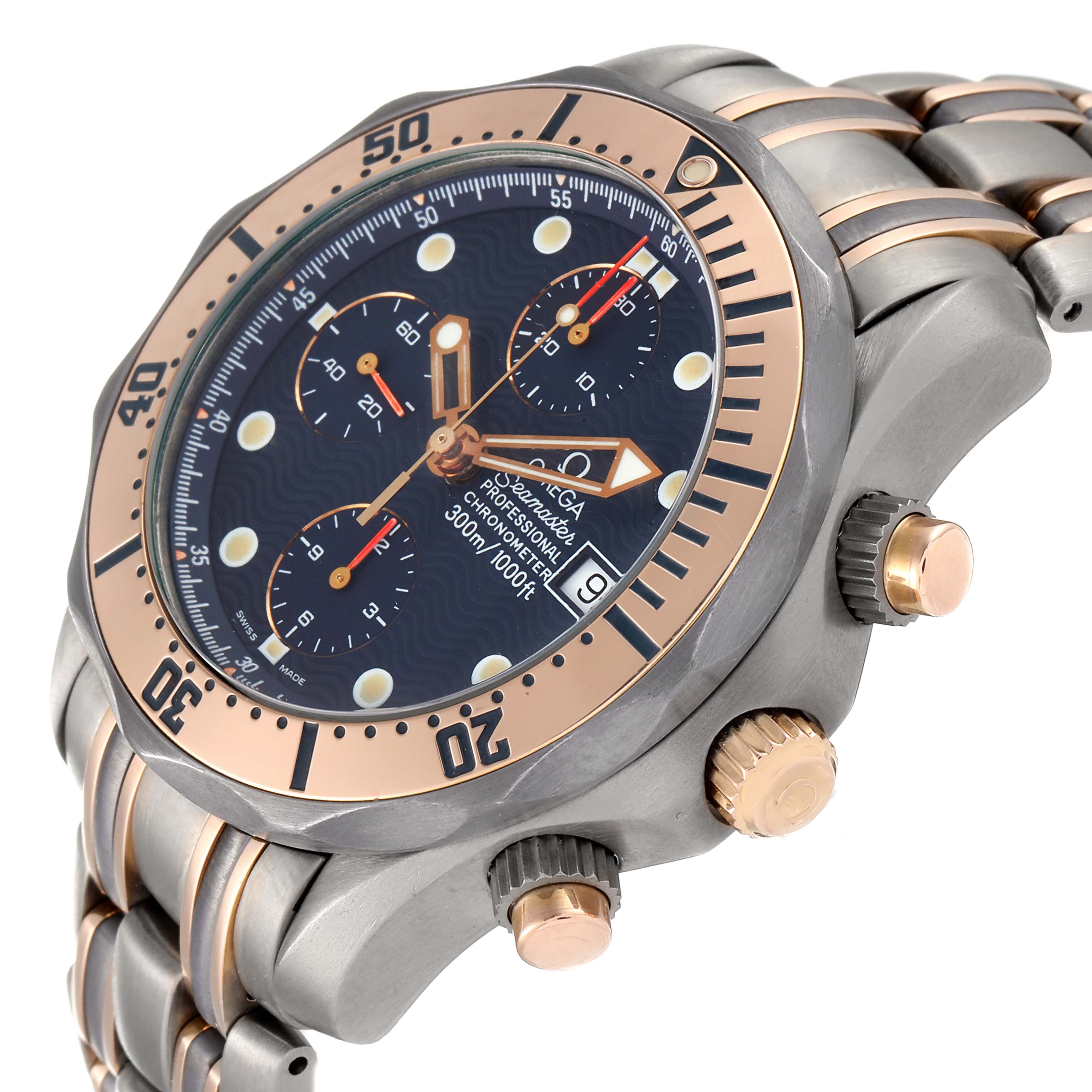 The image shows an angled view of the Omega Seamaster 2296.80.00 Men
s Titanium Blue Dial 2296.80.00 Men
s Titanium Blue Dial watch, highlighting the dial, bezel, pushers, and part of the bracelet.