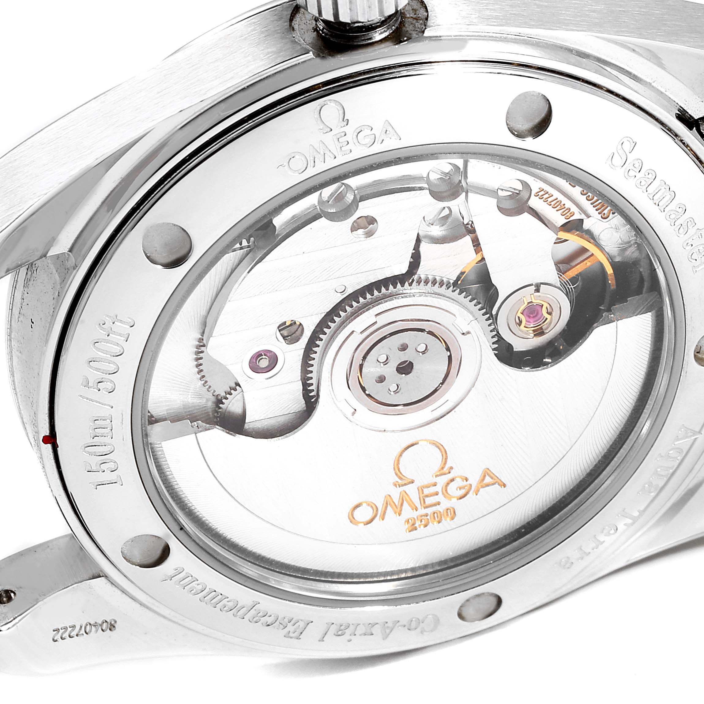 The image shows the back view of the Omega Aqua Terra 2504.80.00  Men
s Stainless Steel Blue Dial 2504.80.00  Men
s Stainless Steel Blue Dial watch, highlighting its movement and transparent case back.