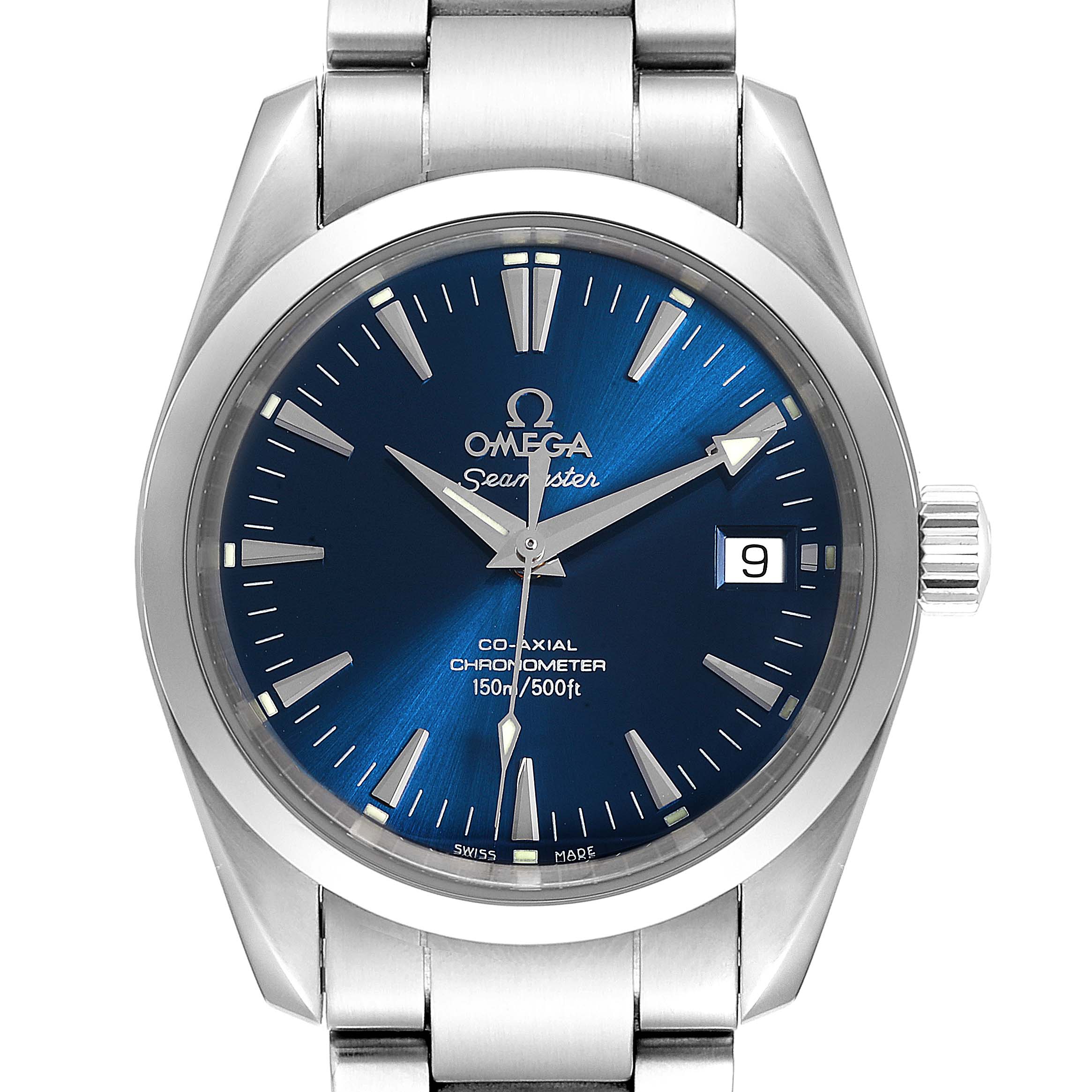 The image shows a front view of the Omega Aqua Terra 2504.80.00  Men
s Stainless Steel Blue Dial 2504.80.00  Men
s Stainless Steel Blue Dial watch, highlighting its blue dial, date window, and metal bracelet.