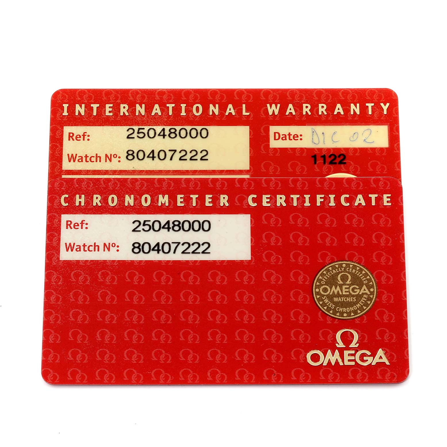 This image shows the international warranty and chronometer certificate cards for an Omega Aqua Terra 2504.80.00  Men
s Stainless Steel Blue Dial 2504.80.00  Men
s Stainless Steel Blue Dial watch.