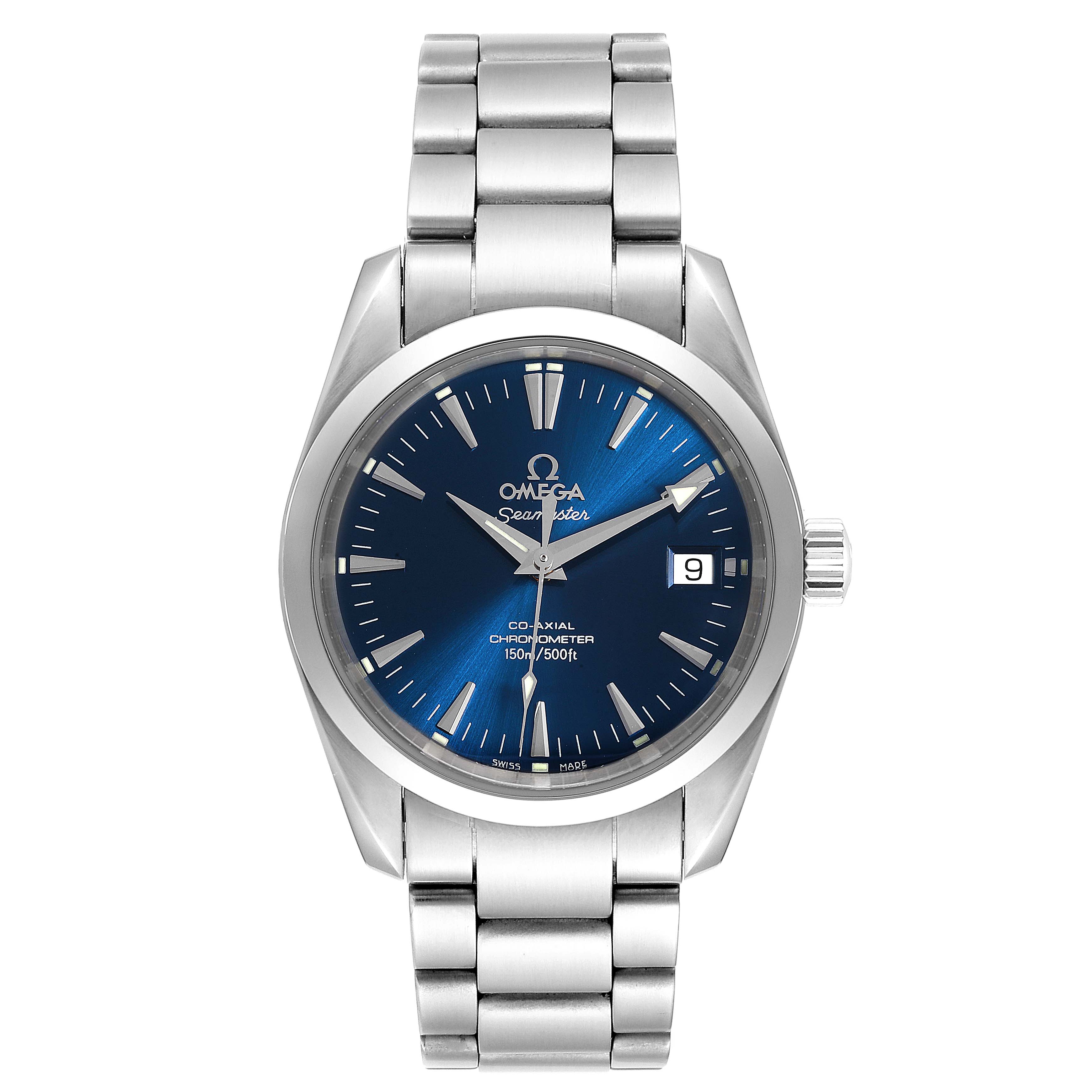 The image shows a frontal view of the Omega Aqua Terra 2504.80.00  Men
s Stainless Steel Blue Dial 2504.80.00  Men
s Stainless Steel Blue Dial watch, highlighting its blue dial, date window, and stainless steel bracelet.