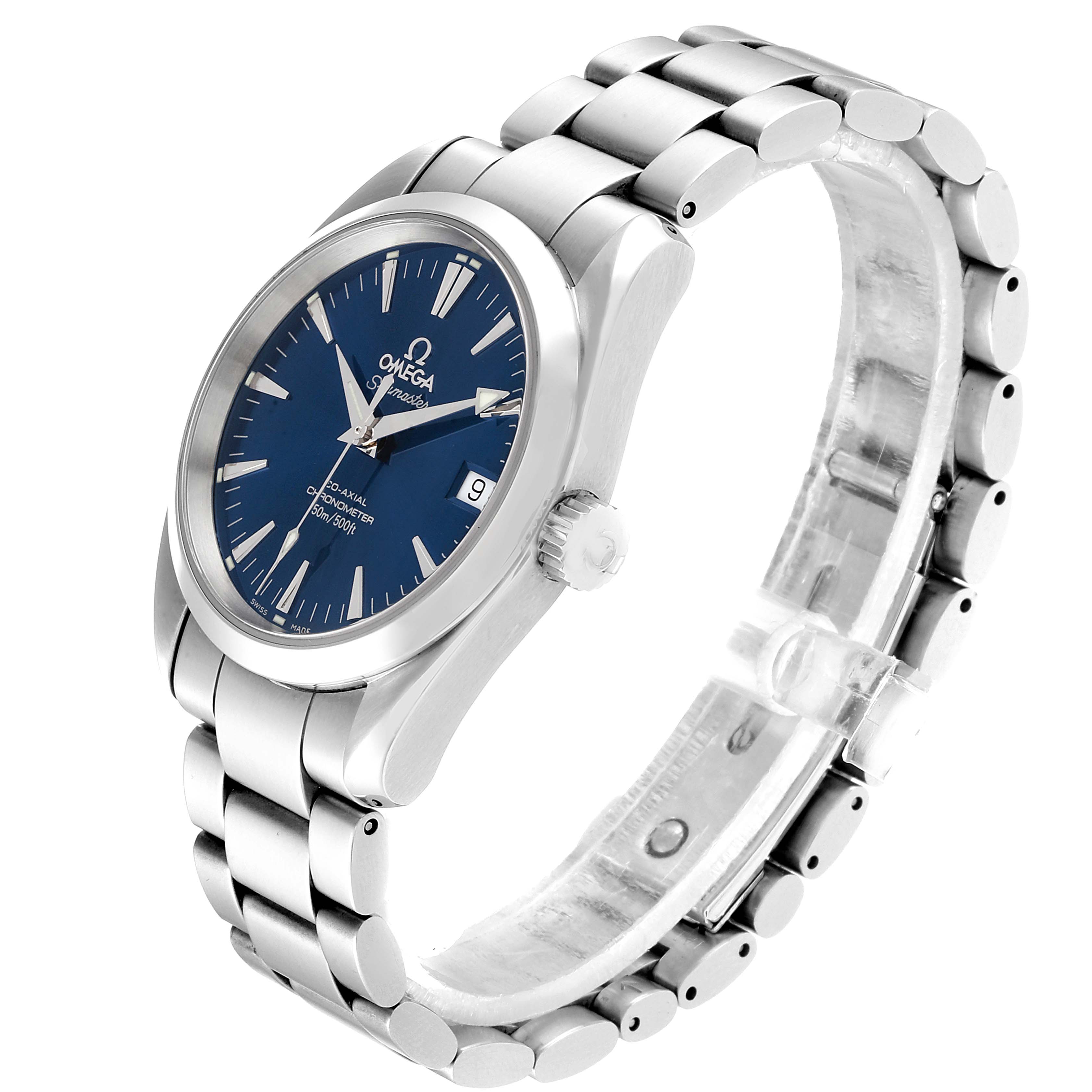 The Omega Aqua Terra 2504.80.00  Men
s Stainless Steel Blue Dial 2504.80.00  Men
s Stainless Steel Blue Dial watch is shown at a slight angle, displaying its bracelet, crown, blue dial, and hands.