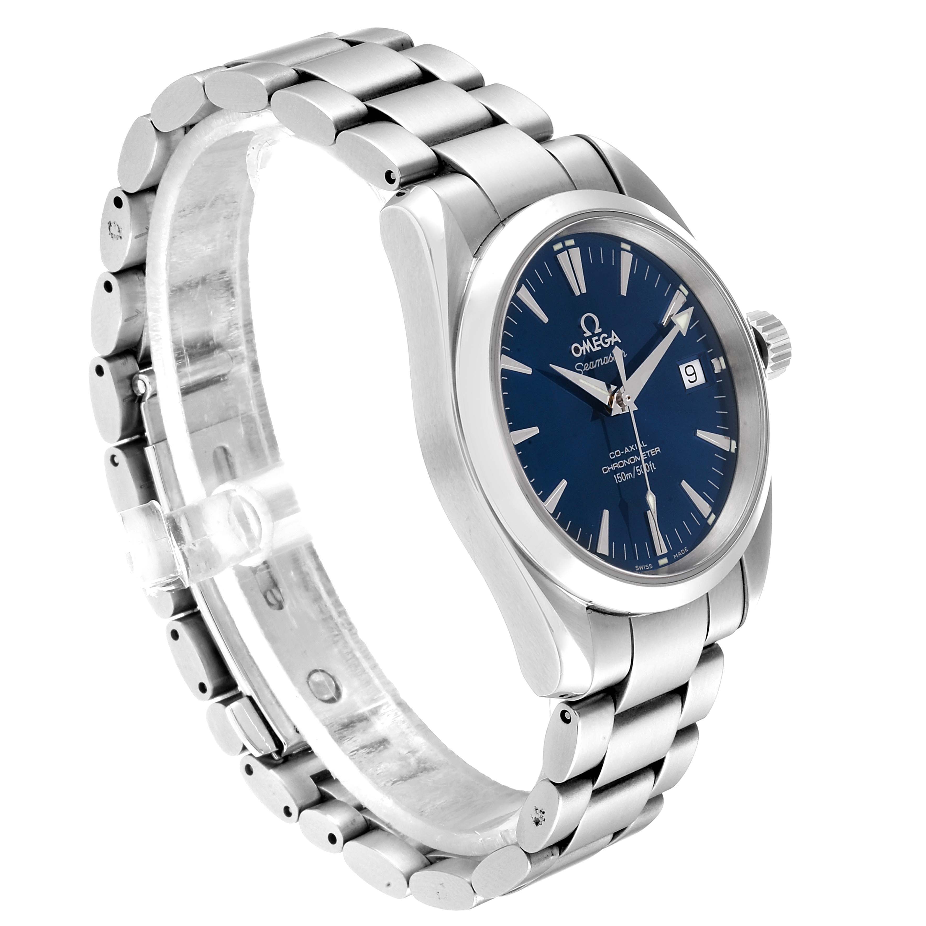 The image shows an Omega Aqua Terra 2504.80.00  Men
s Stainless Steel Blue Dial 2504.80.00  Men
s Stainless Steel Blue Dial watch at a three-quarter angle, highlighting its stainless steel bracelet and blue dial.