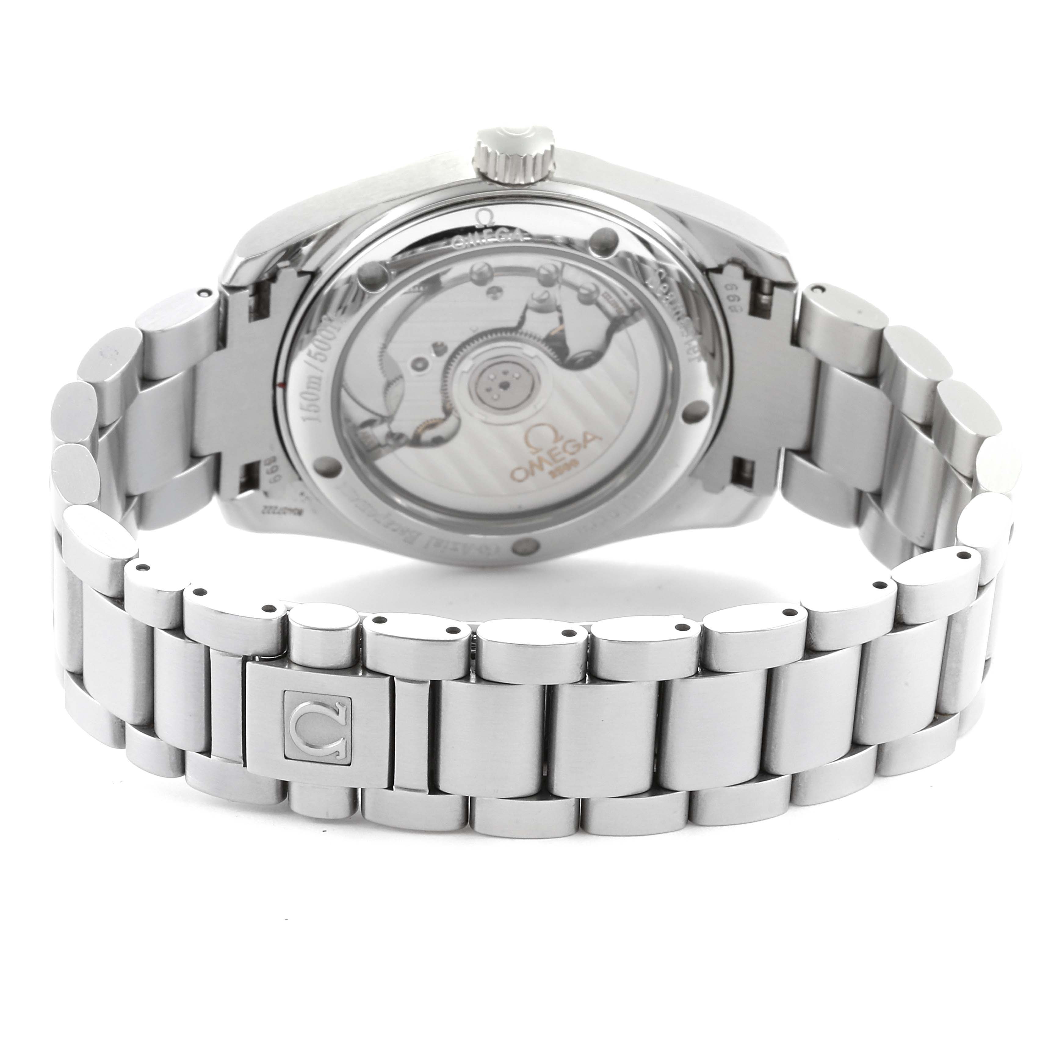 The image shows the back view of an Omega Aqua Terra 2504.80.00  Men
s Stainless Steel Blue Dial 2504.80.00  Men
s Stainless Steel Blue Dial watch, highlighting its transparent case back and metal bracelet.