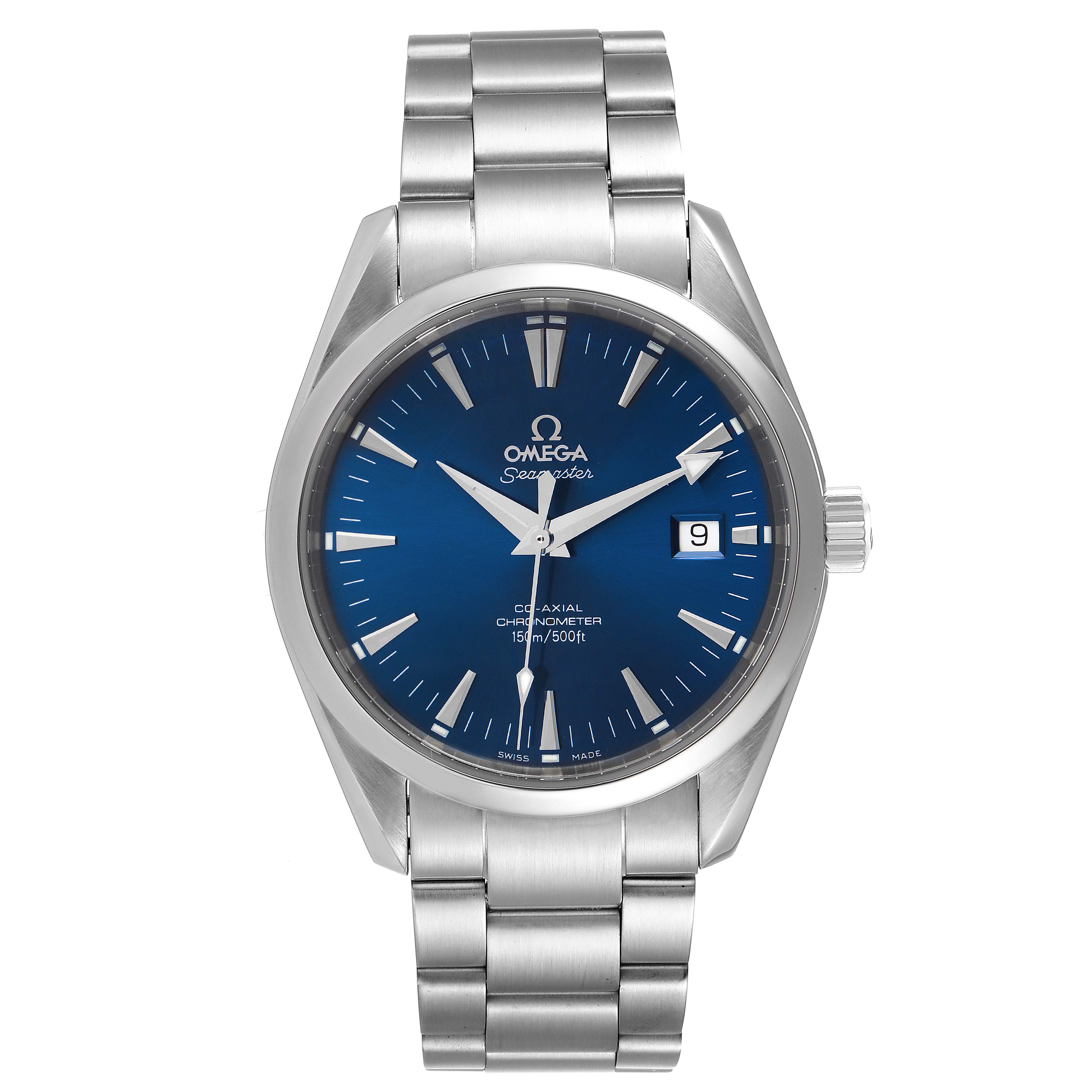This image shows a front view of the Omega Aqua Terra 2503.80.00 Men
s Stainless Steel Blue Dial 2503.80.00 Men
s Stainless Steel Blue Dial watch, featuring a blue dial and date display.