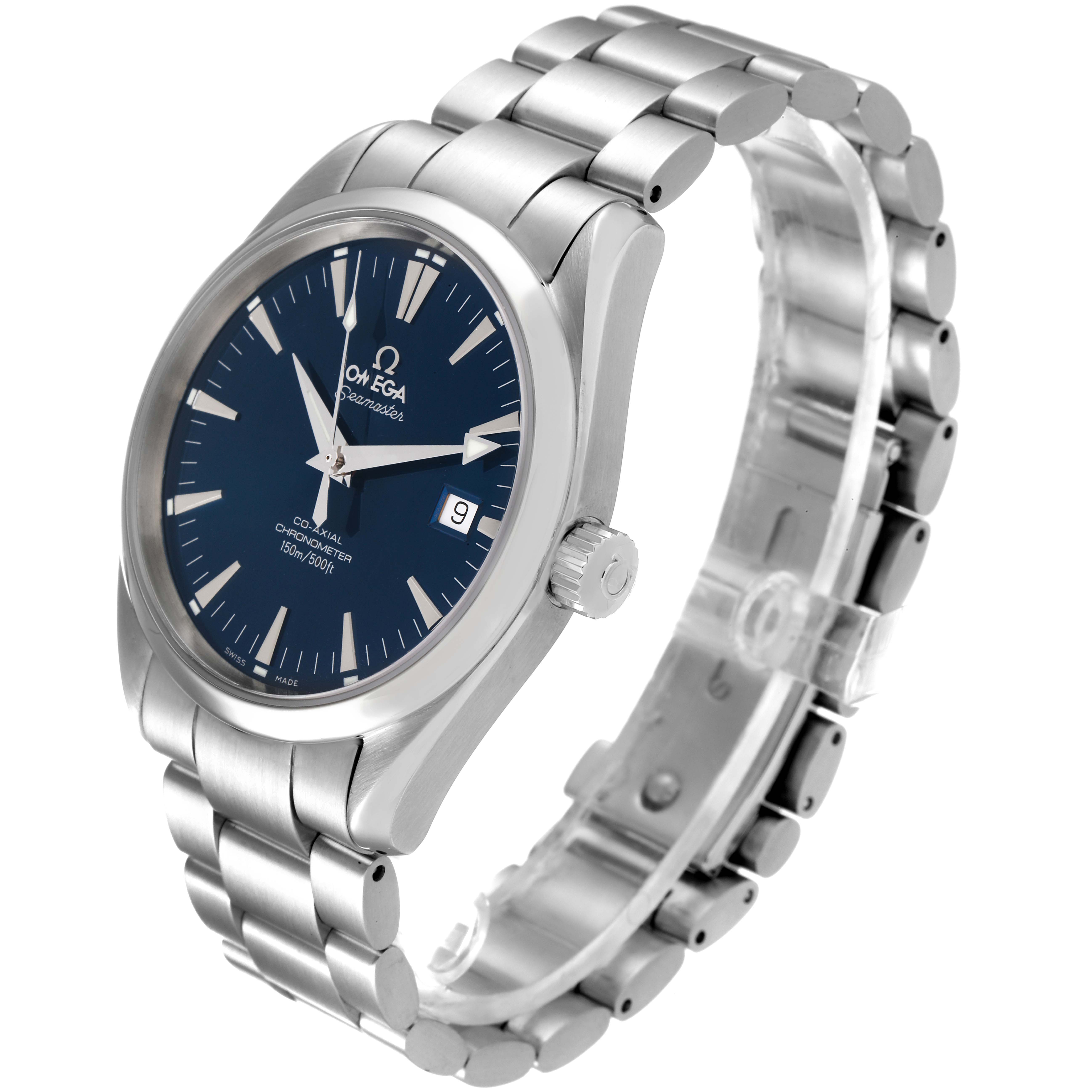 The image shows an Omega Aqua Terra 2503.80.00 Men
s Stainless Steel Blue Dial 2503.80.00 Men
s Stainless Steel Blue Dial watch at a three-quarter angle, highlighting the face, bezel, crown, and part of the bracelet.
