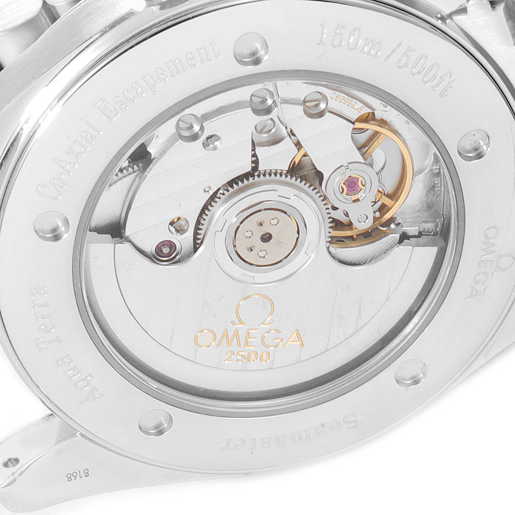 The image shows the back view of an Omega Aqua Terra 2503.80.00 Men
s Stainless Steel Blue Dial 2503.80.00 Men
s Stainless Steel Blue Dial watch, highlighting its Co-Axial Escapement and inner mechanics.