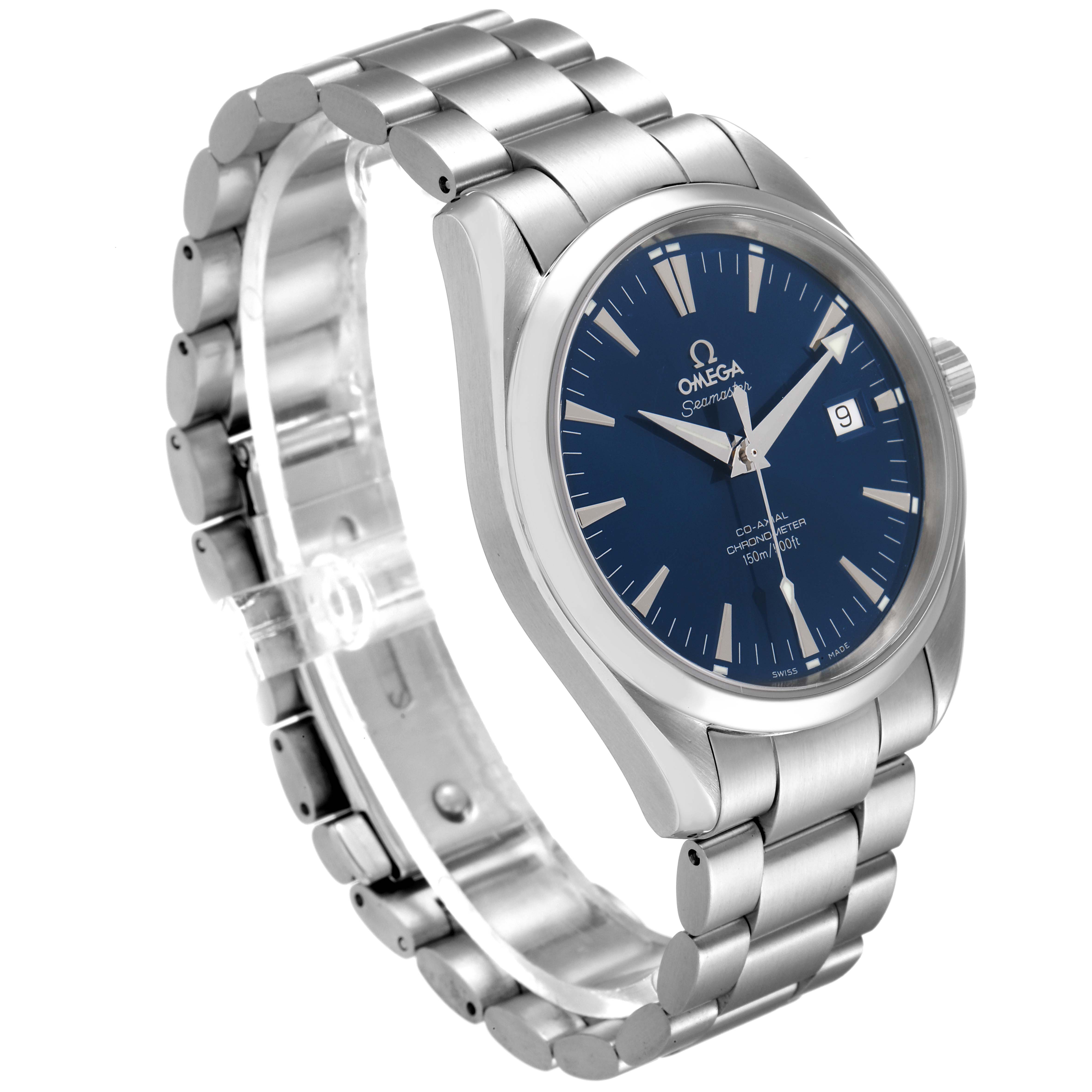 The image shows an Omega Aqua Terra 2503.80.00 Men
s Stainless Steel Blue Dial 2503.80.00 Men
s Stainless Steel Blue Dial watch at a three-quarter angle, displaying the face, bezel, bracelet, and crown.