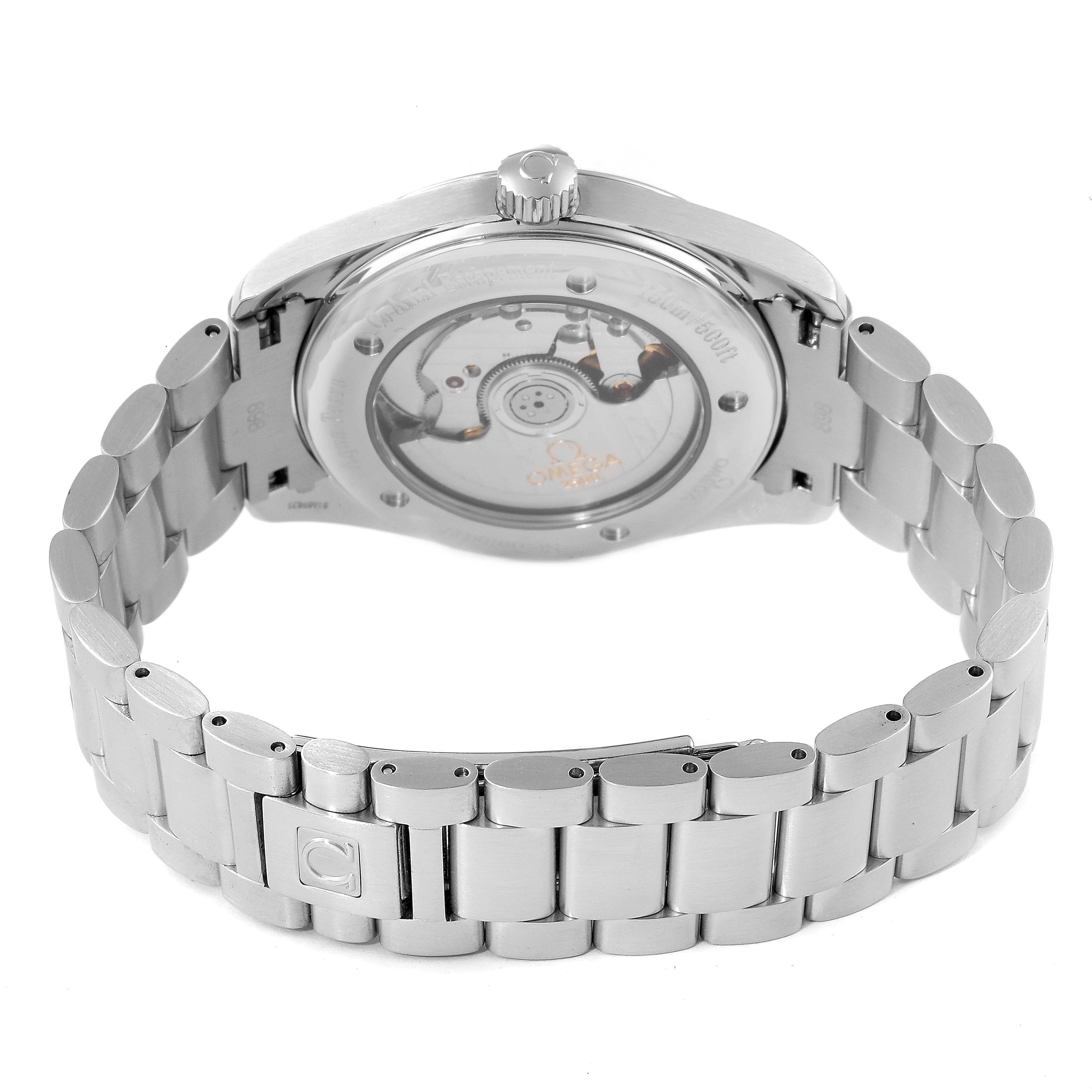 The image shows the back casing and stainless steel bracelet of the Omega Aqua Terra 2503.80.00 Men
s Stainless Steel Blue Dial 2503.80.00 Men
s Stainless Steel Blue Dial watch, highlighting its open case back.