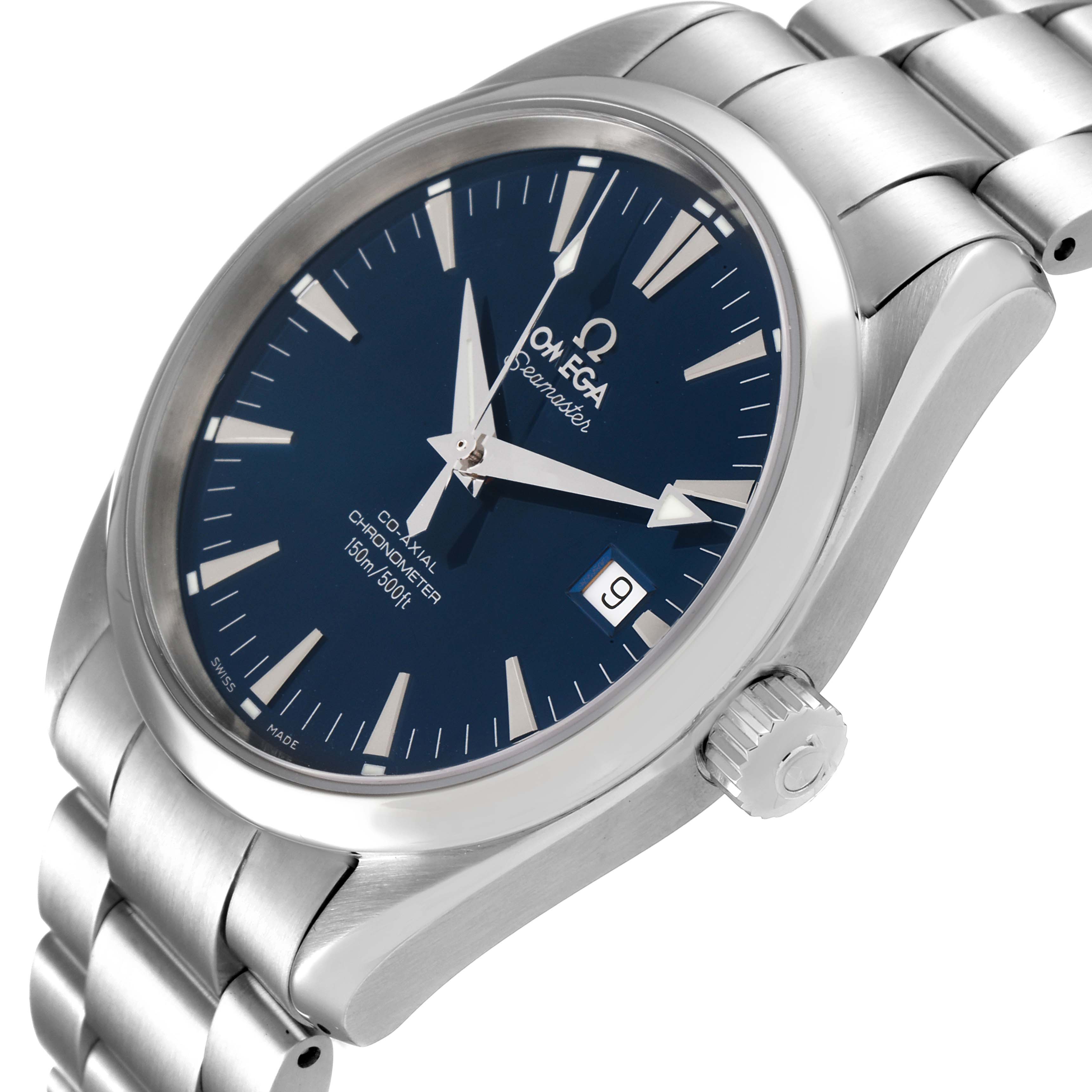 The image displays an Omega Aqua Terra 2503.80.00 Men
s Stainless Steel Blue Dial 2503.80.00 Men
s Stainless Steel Blue Dial watch at an angled close-up, showcasing its face, crown, and stainless steel bracelet.