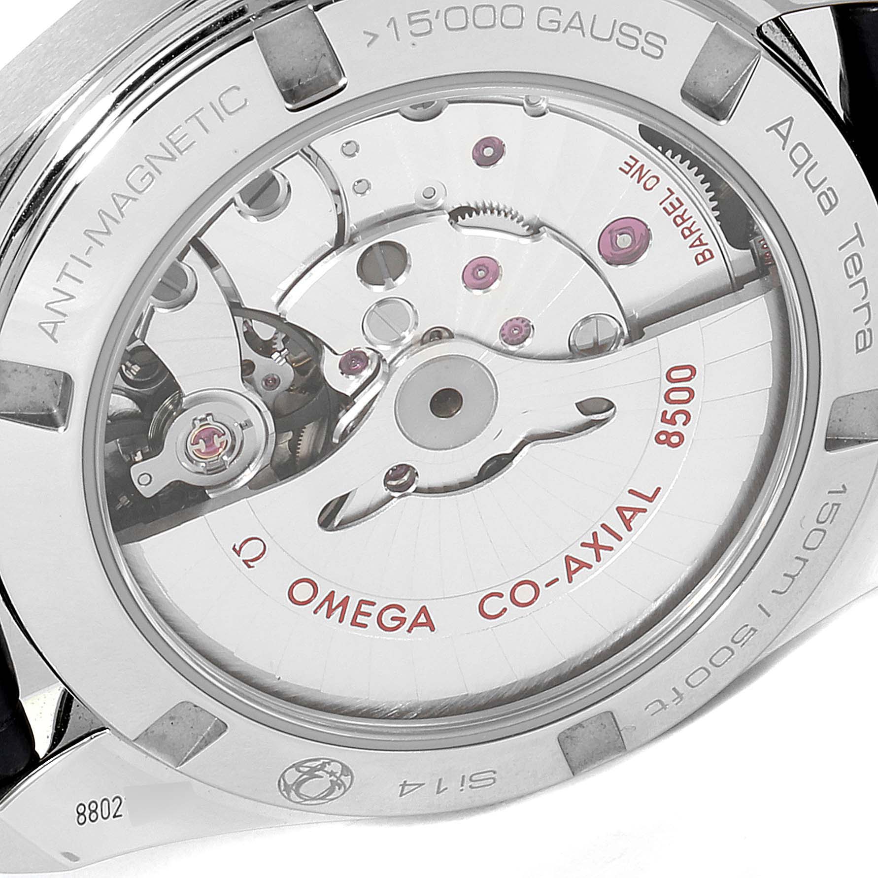 This image shows the back view of the Omega Aqua Terra 231.13.39.21.03.001 Men
s Stainless Steel Blue Dial 231.13.39.21.03.001 Men
s Stainless Steel Blue Dial watch, focusing on the exposed co-axial movement and anti-magnetic features.