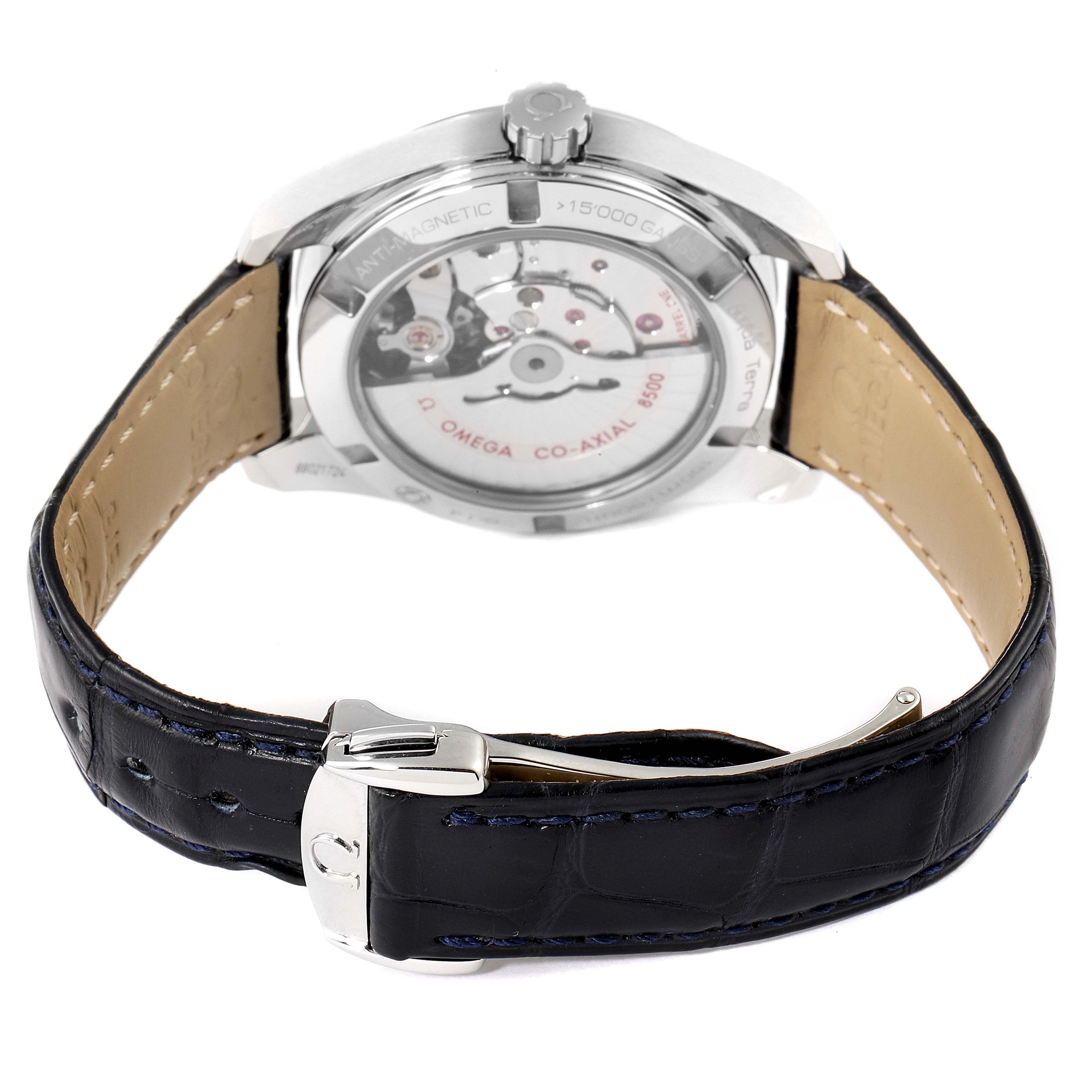 The image shows the back of the Omega Aqua Terra 231.13.39.21.03.001 Men
s Stainless Steel Blue Dial 231.13.39.21.03.001 Men
s Stainless Steel Blue Dial watch, highlighting the movement and leather strap with buckle.