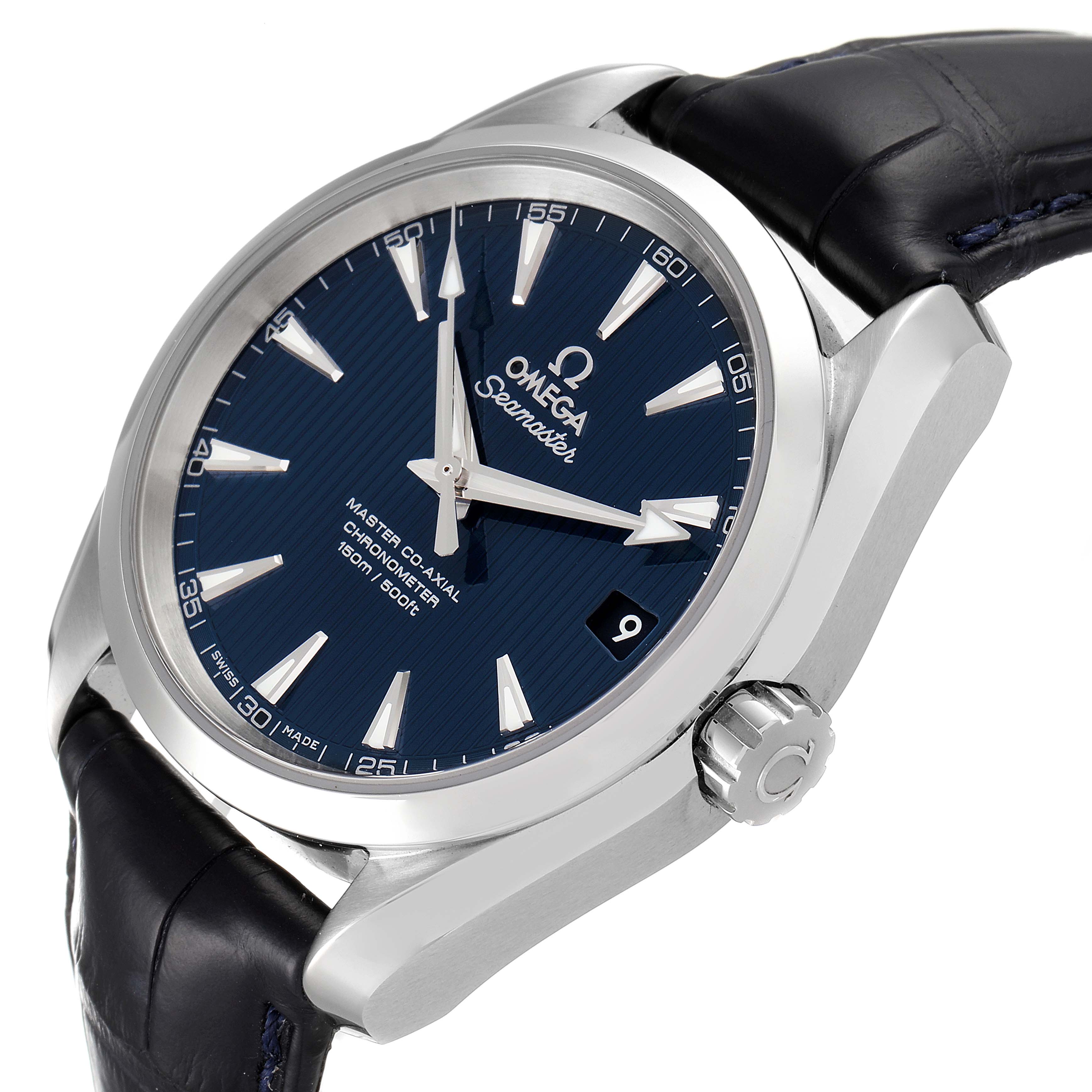 The image shows an Omega Aqua Terra 231.13.39.21.03.001 Men
s Stainless Steel Blue Dial 231.13.39.21.03.001 Men
s Stainless Steel Blue Dial watch at an angle highlighting the dial, crown, case, and part of the leather strap.