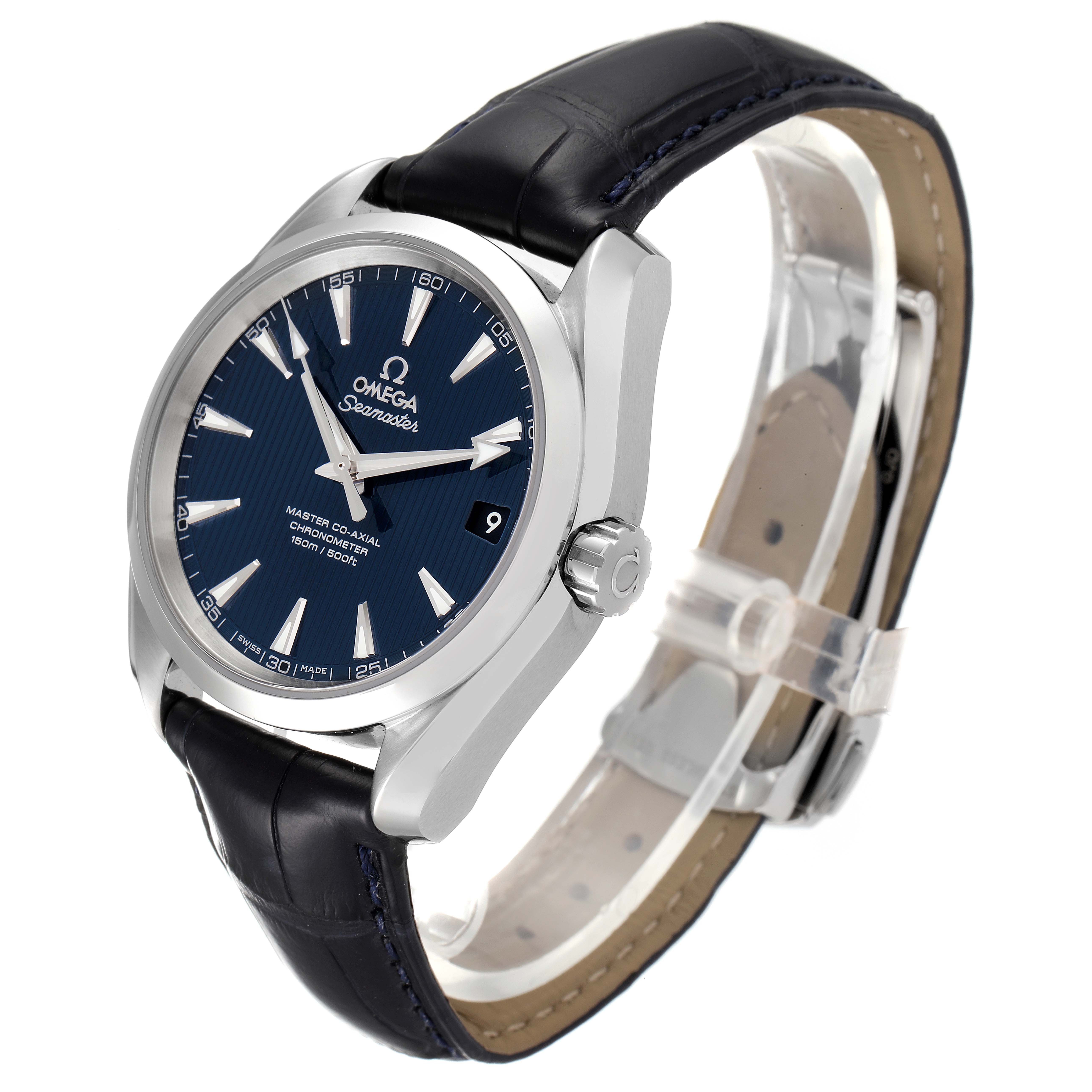 The image shows an Omega Aqua Terra 231.13.39.21.03.001 Men
s Stainless Steel Blue Dial 231.13.39.21.03.001 Men
s Stainless Steel Blue Dial watch at a right-front angle, detailing the face, bezel, crown, and leather strap.