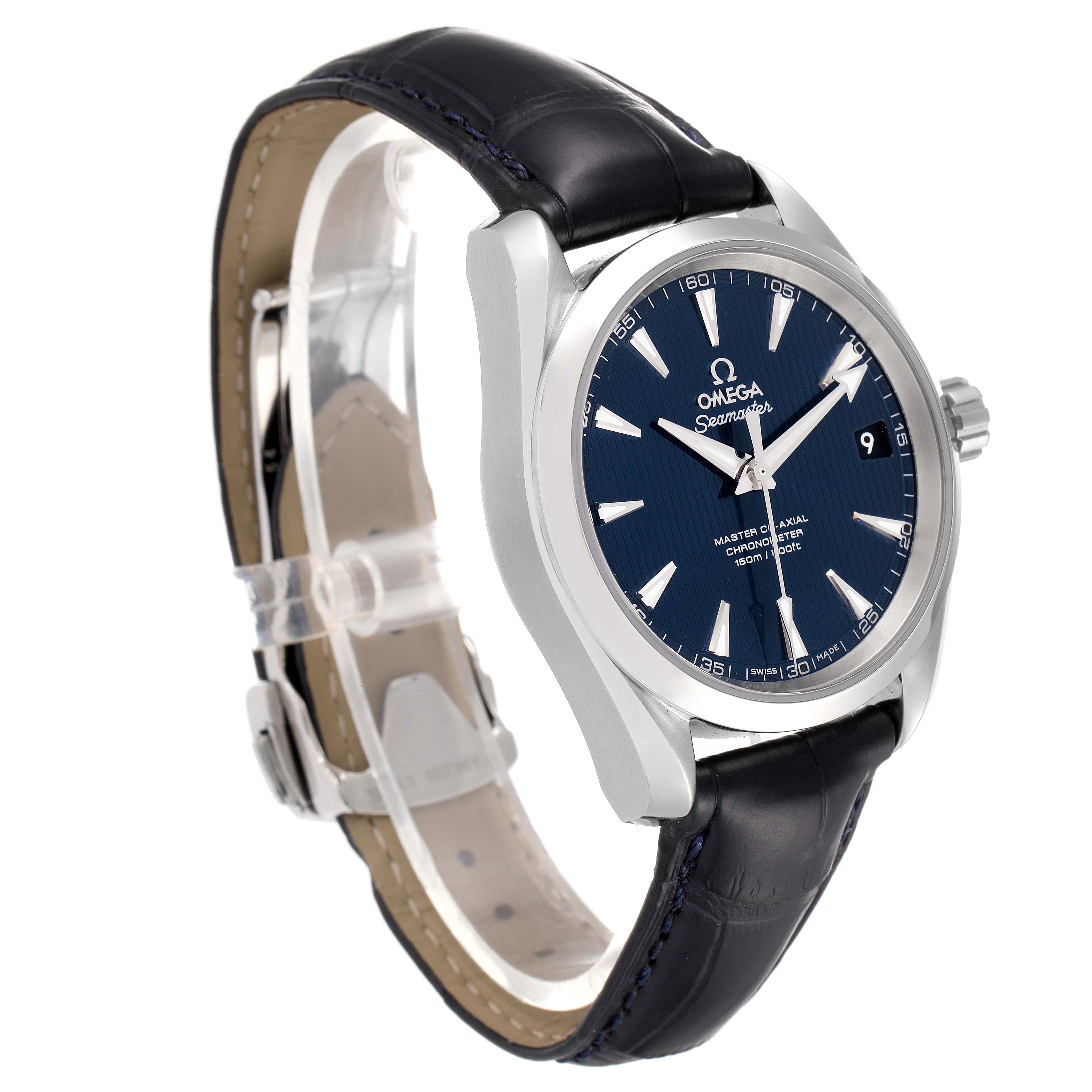 The Omega Aqua Terra 231.13.39.21.03.001 Men
s Stainless Steel Blue Dial 231.13.39.21.03.001 Men
s Stainless Steel Blue Dial watch is shown at a three-quarter angle, highlighting the blue dial, silver case, and leather strap.