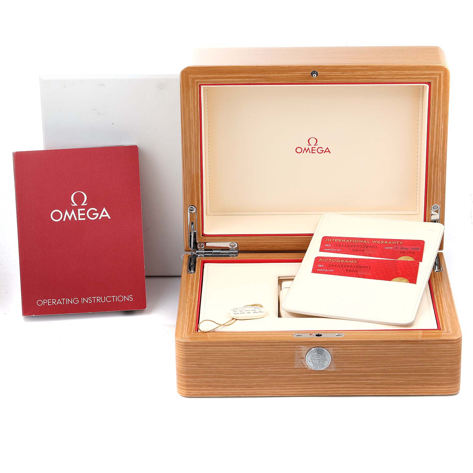 The image shows the packaging and accessories for an Omega Aqua Terra 231.13.39.21.03.001 Men
s Stainless Steel Blue Dial 231.13.39.21.03.001 Men
s Stainless Steel Blue Dial watch, including the box, warranty cards, and operating instructions.