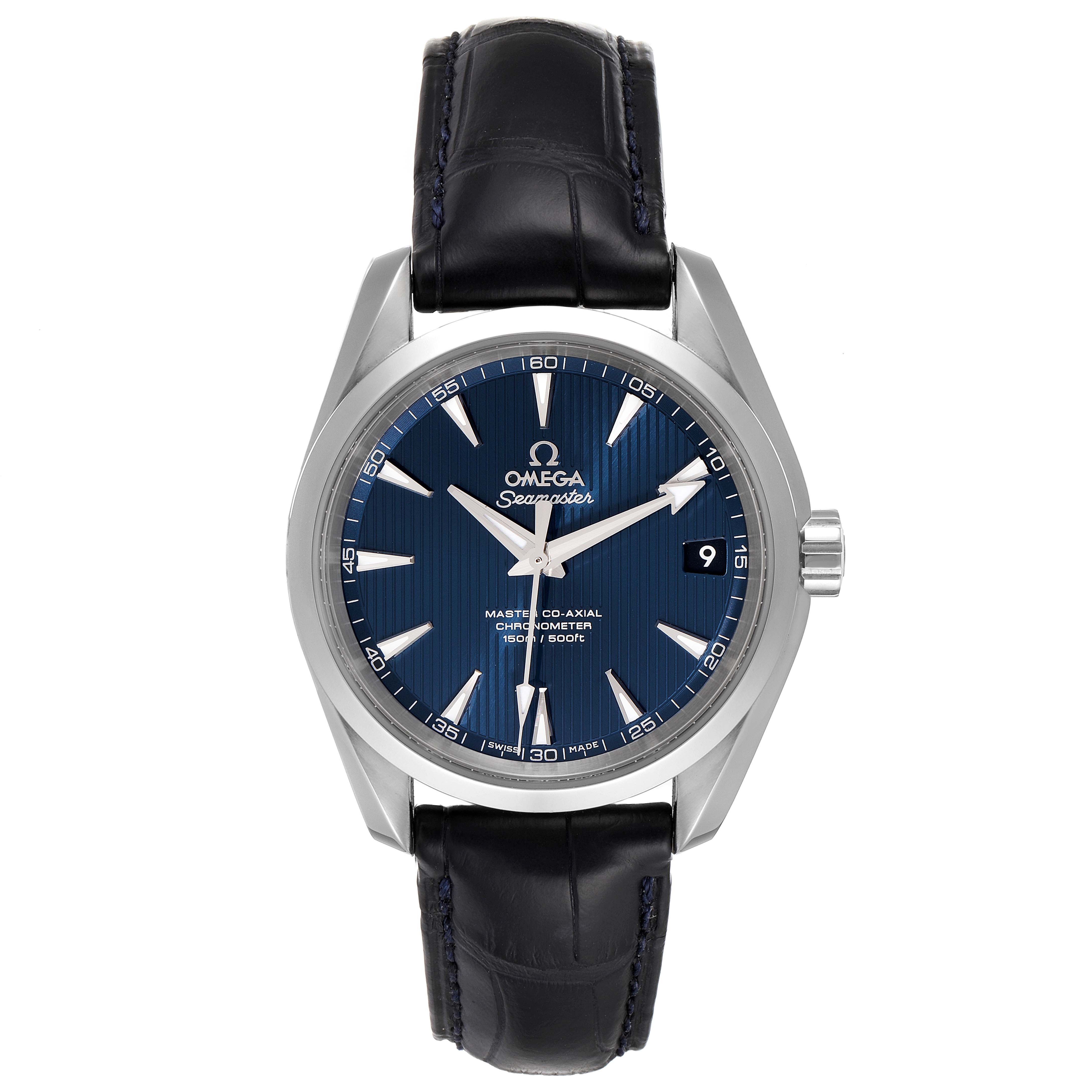 The Omega Aqua Terra 231.13.39.21.03.001 Men
s Stainless Steel Blue Dial 231.13.39.21.03.001 Men
s Stainless Steel Blue Dial watch is shown from a front angle, displaying the face, leather strap, and crown.