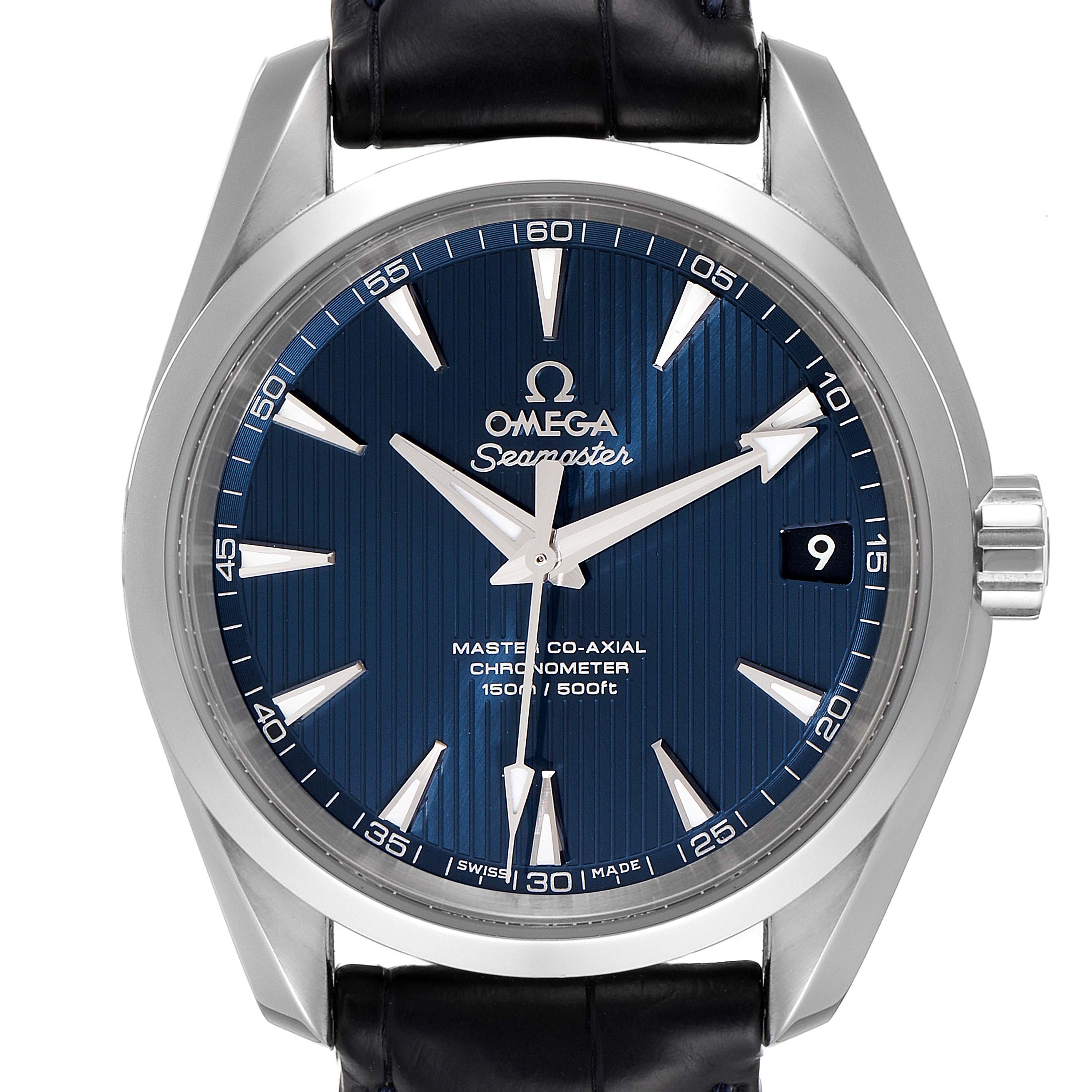 The image shows a frontal view of the Omega Aqua Terra 231.13.39.21.03.001 Men
s Stainless Steel Blue Dial 231.13.39.21.03.001 Men
s Stainless Steel Blue Dial watch, displaying the dial, hands, markers, crown, and leather strap.