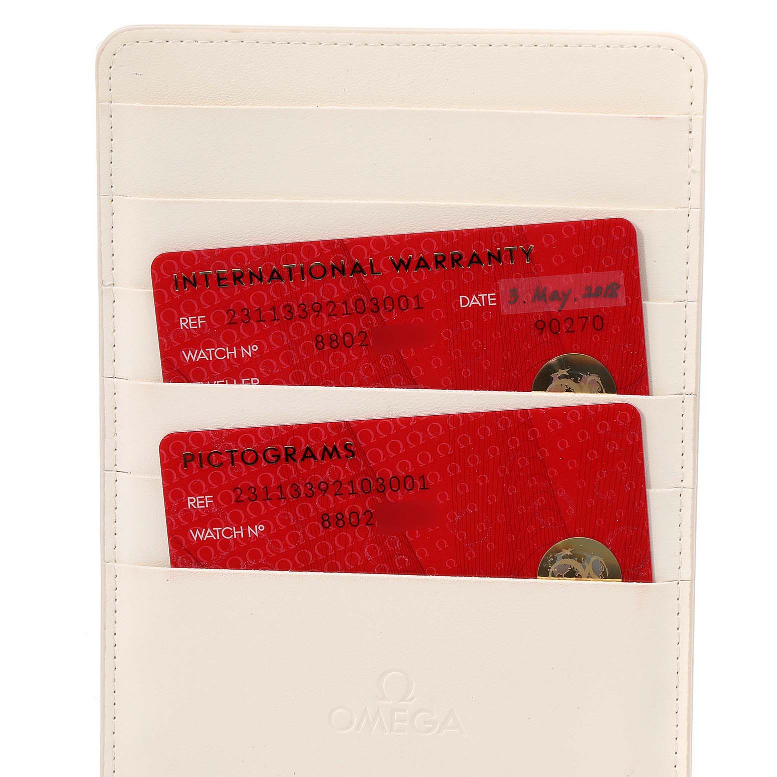 The image shows warranty and pictogram cards for the Omega Aqua Terra 231.13.39.21.03.001 Men
s Stainless Steel Blue Dial 231.13.39.21.03.001 Men
s Stainless Steel Blue Dial watch in a white cardholder.