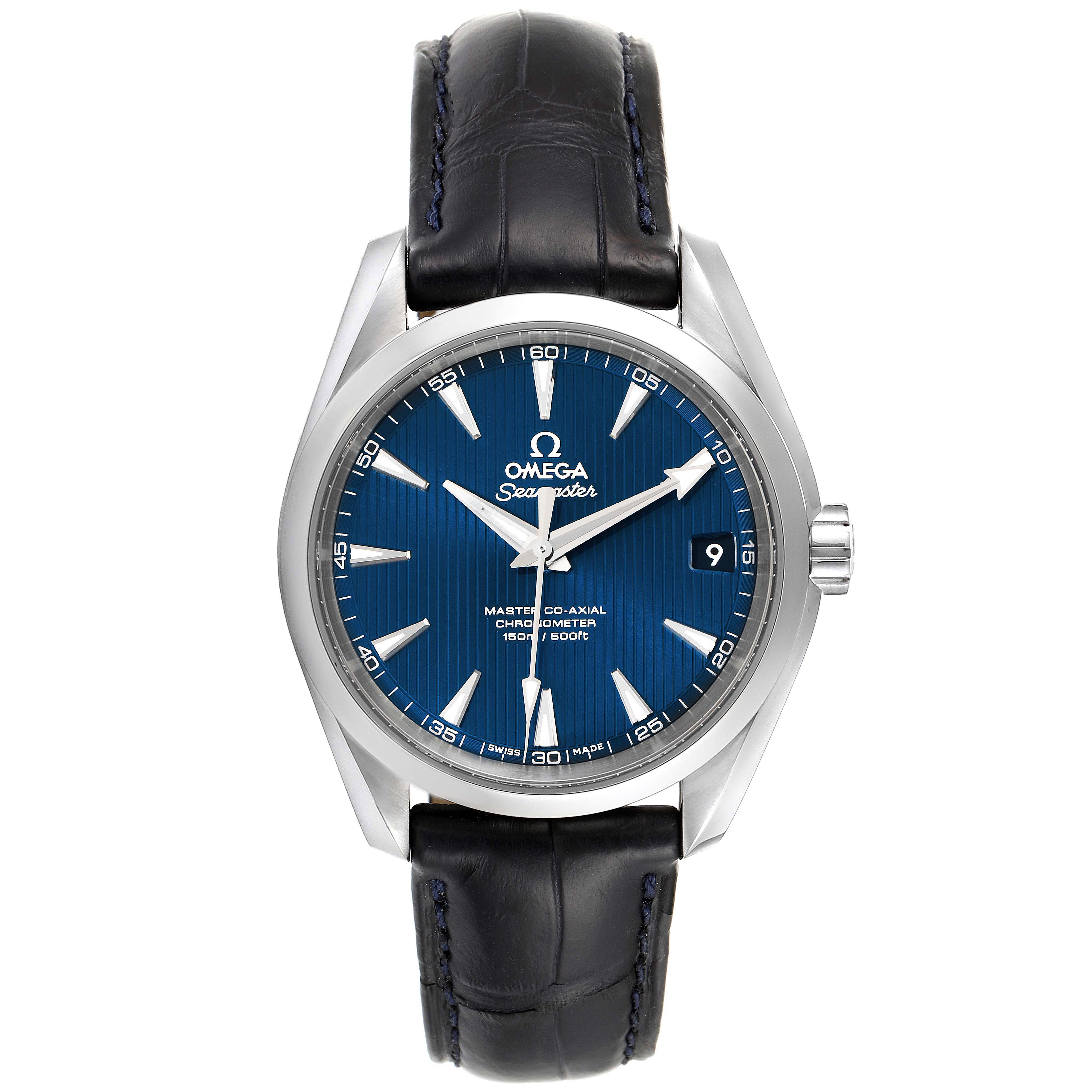 The image shows a front view of the Omega Aqua Terra 231.13.39.21.03.001 Men's Stainless Steel Blue Dial 231.13.39.21.03.001 Men's Stainless Steel Blue Dial watch, highlighting its blue dial, silver hands, and black leather strap.