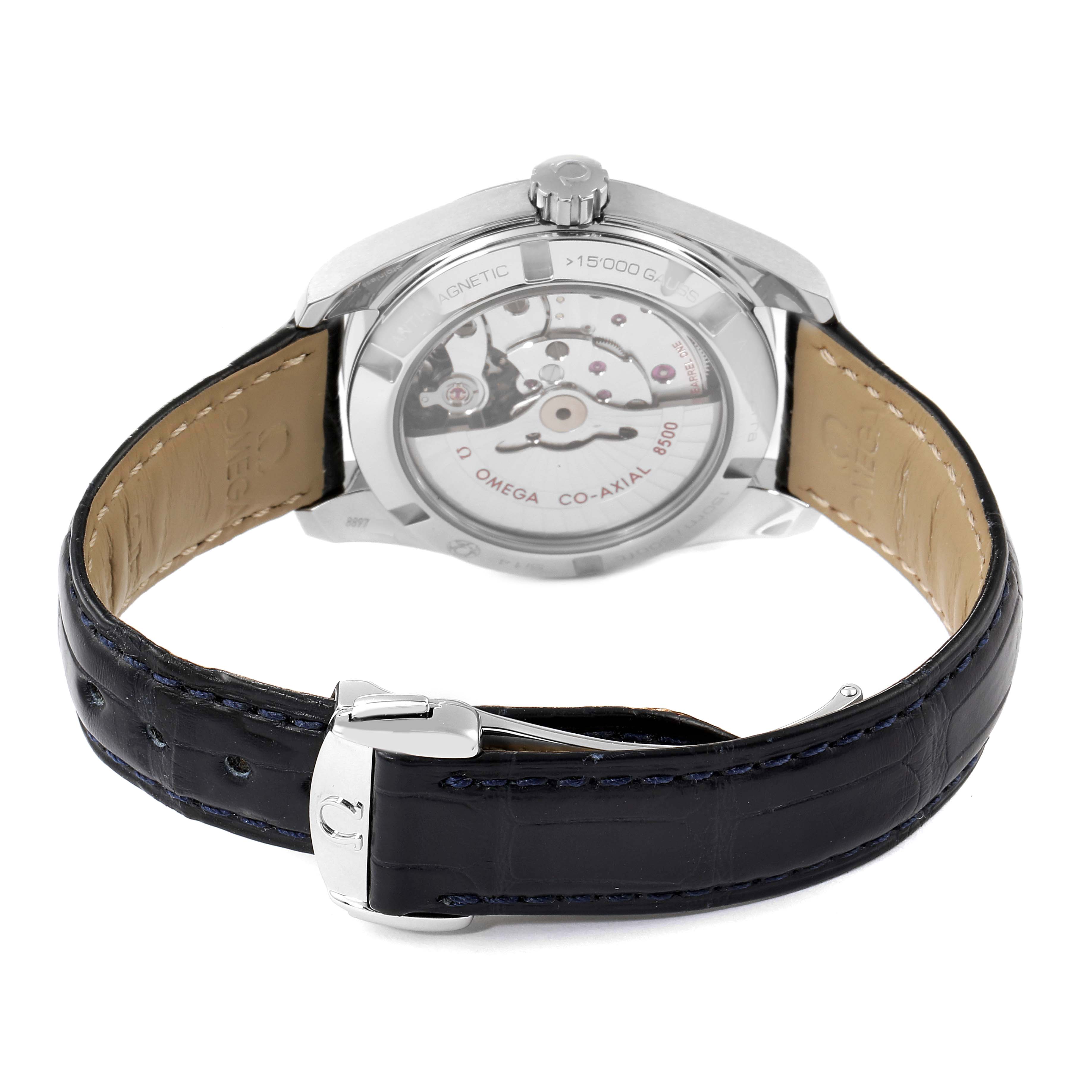 The image shows the back of the Omega Aqua Terra 231.13.39.21.03.001 Men's Stainless Steel Blue Dial 231.13.39.21.03.001 Men's Stainless Steel Blue Dial watch, highlighting its movement and leather strap with a buckle.