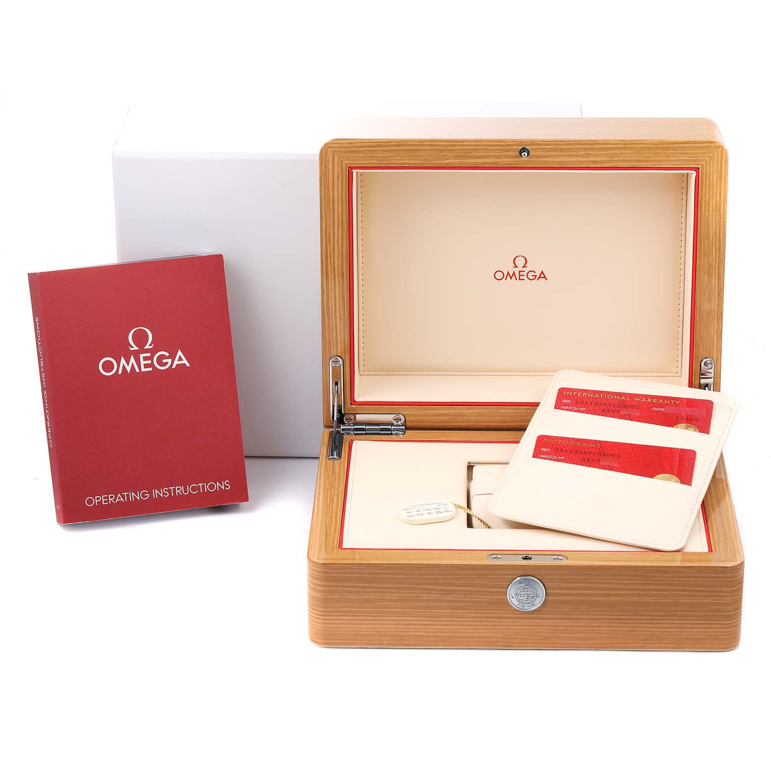 The Omega Aqua Terra 231.13.39.21.03.001 Men's Stainless Steel Blue Dial 231.13.39.21.03.001 Men's Stainless Steel Blue Dial watch accessories include an operating manual, warranty cards, and a wooden box shown from a front angle.