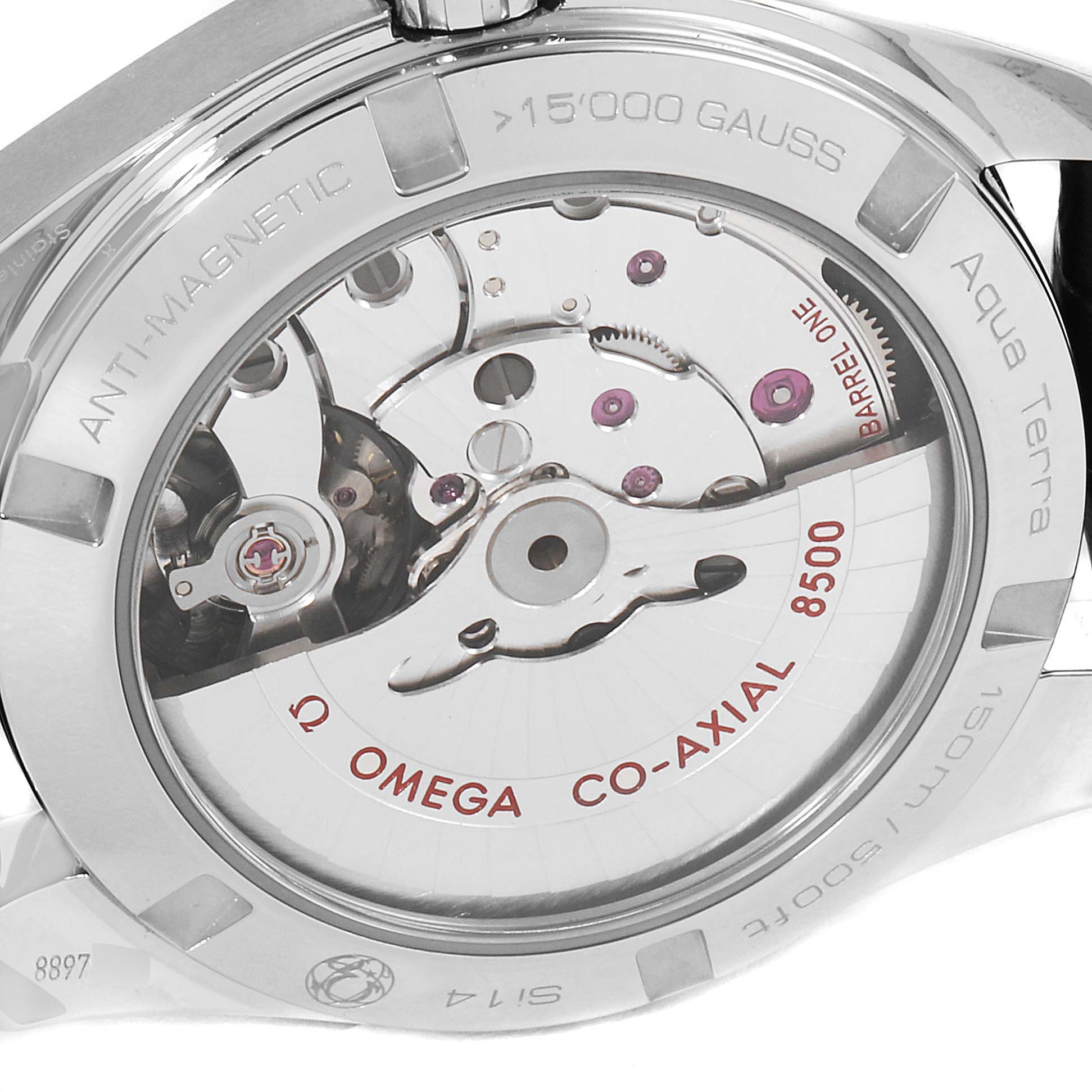 The image shows the back view of the Omega Aqua Terra 231.13.39.21.03.001 Men's Stainless Steel Blue Dial 231.13.39.21.03.001 Men's Stainless Steel Blue Dial watch, revealing its Co-Axial 8500 movement.