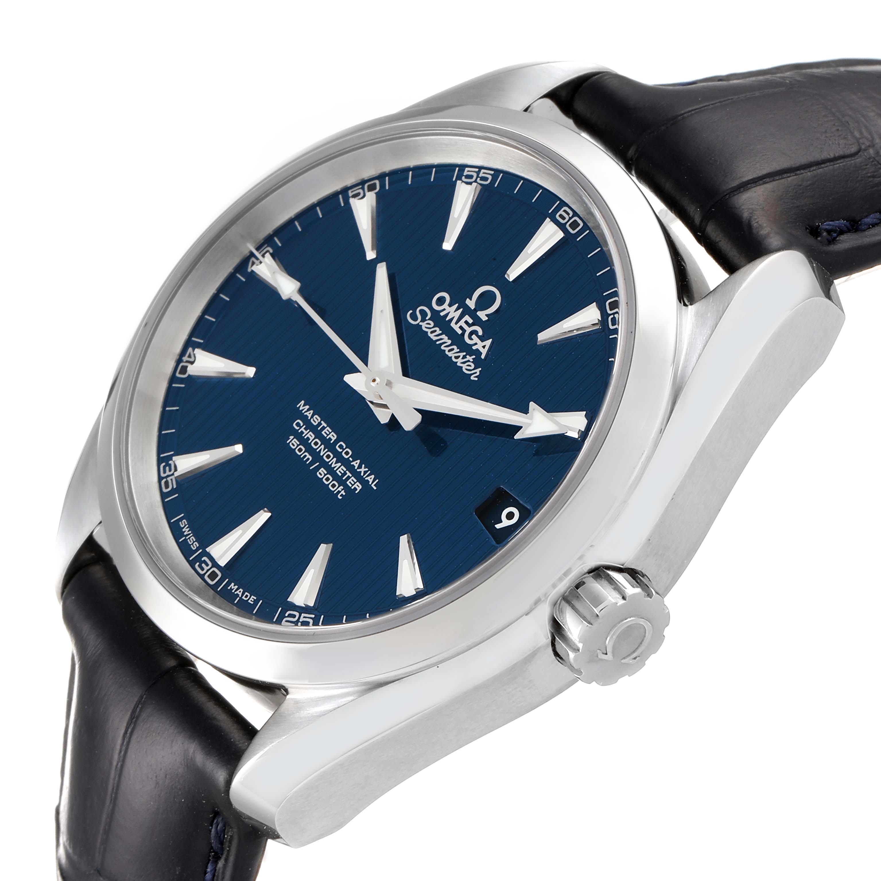 The Omega Aqua Terra 231.13.39.21.03.001 Men's Stainless Steel Blue Dial 231.13.39.21.03.001 Men's Stainless Steel Blue Dial watch is shown at a side angle, displaying the dial, crown, case, and a portion of the band.