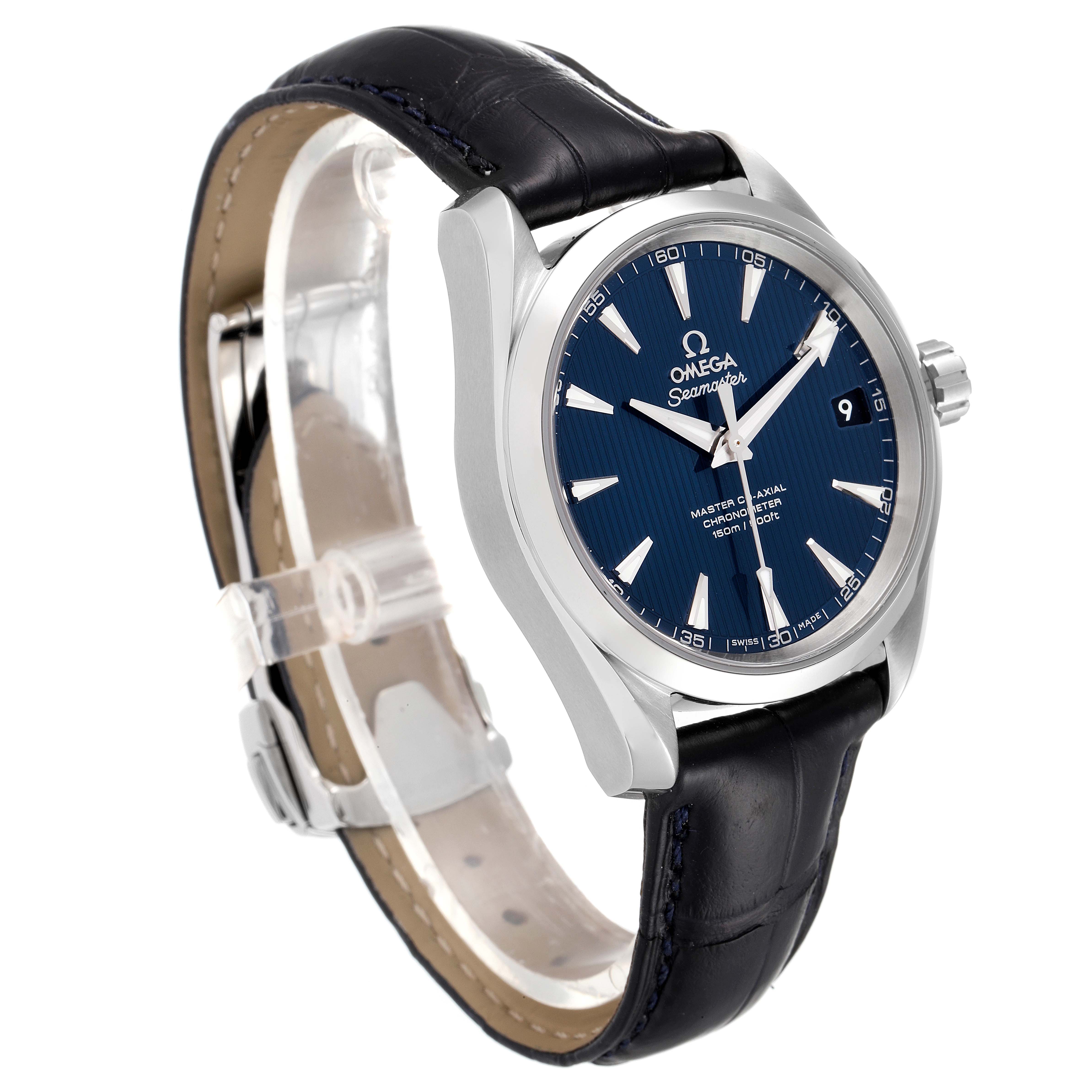 This image shows an Omega Aqua Terra 231.13.39.21.03.001 Men's Stainless Steel Blue Dial 231.13.39.21.03.001 Men's Stainless Steel Blue Dial watch from a three-quarter angle, highlighting the blue dial, case, crown, and black leather strap.