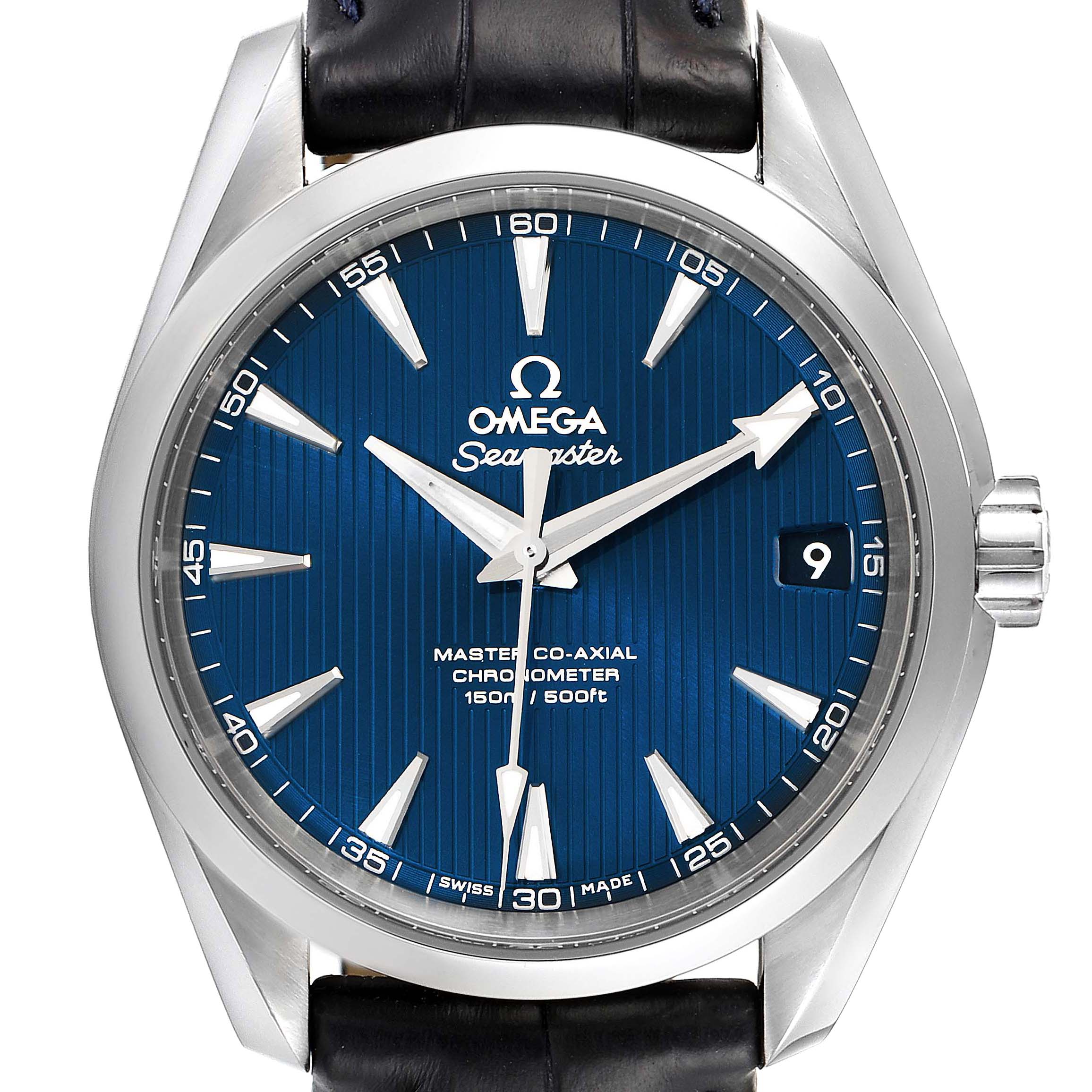 This Omega Aqua Terra 231.13.39.21.03.001 Men's Stainless Steel Blue Dial 231.13.39.21.03.001 Men's Stainless Steel Blue Dial watch is shown from a front angle, highlighting the dial, hands, bezel, and crown.
