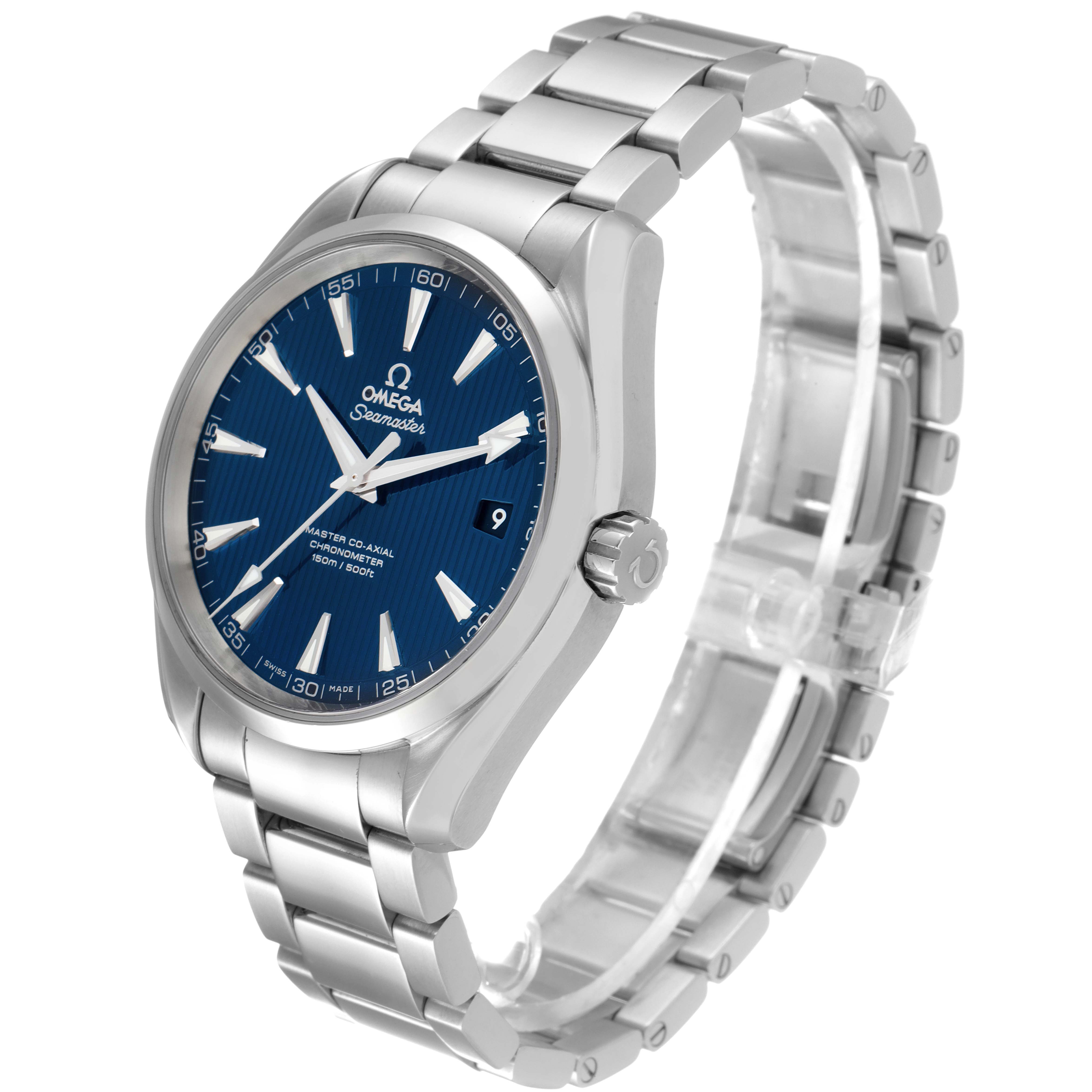 The image shows the Omega Aqua Terra 231.10.42.21.03.001 Men
s Stainless Steel Silver Dial 231.10.42.21.03.001 Men
s Stainless Steel Silver Dial watch angled slightly to display the face, crown, and bracelet.