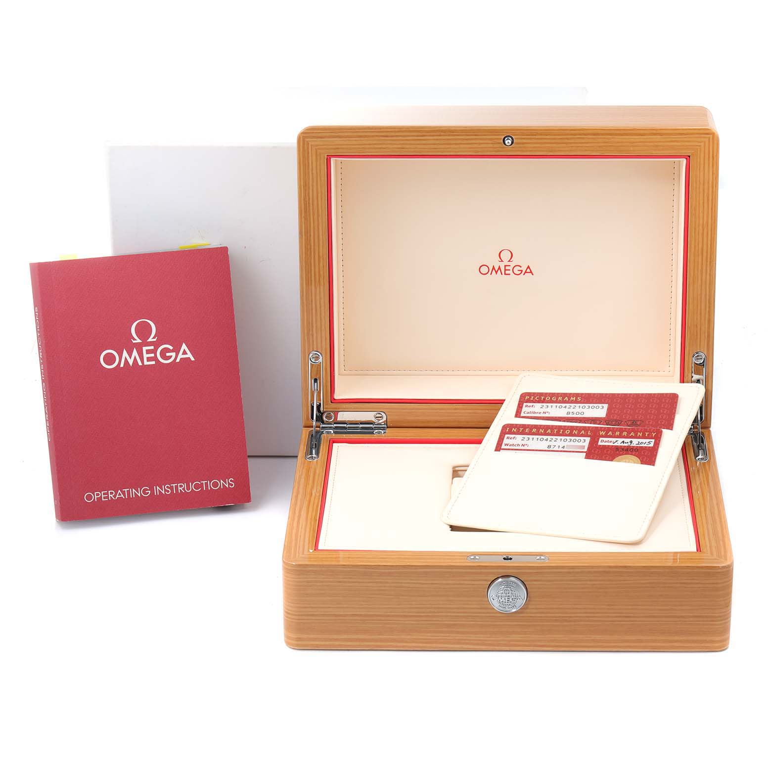 The image shows the packaging for an Omega Aqua Terra 231.10.42.21.03.001 Men
s Stainless Steel Silver Dial 231.10.42.21.03.001 Men
s Stainless Steel Silver Dial model, including the wooden box, operating instructions, and warranty cards.