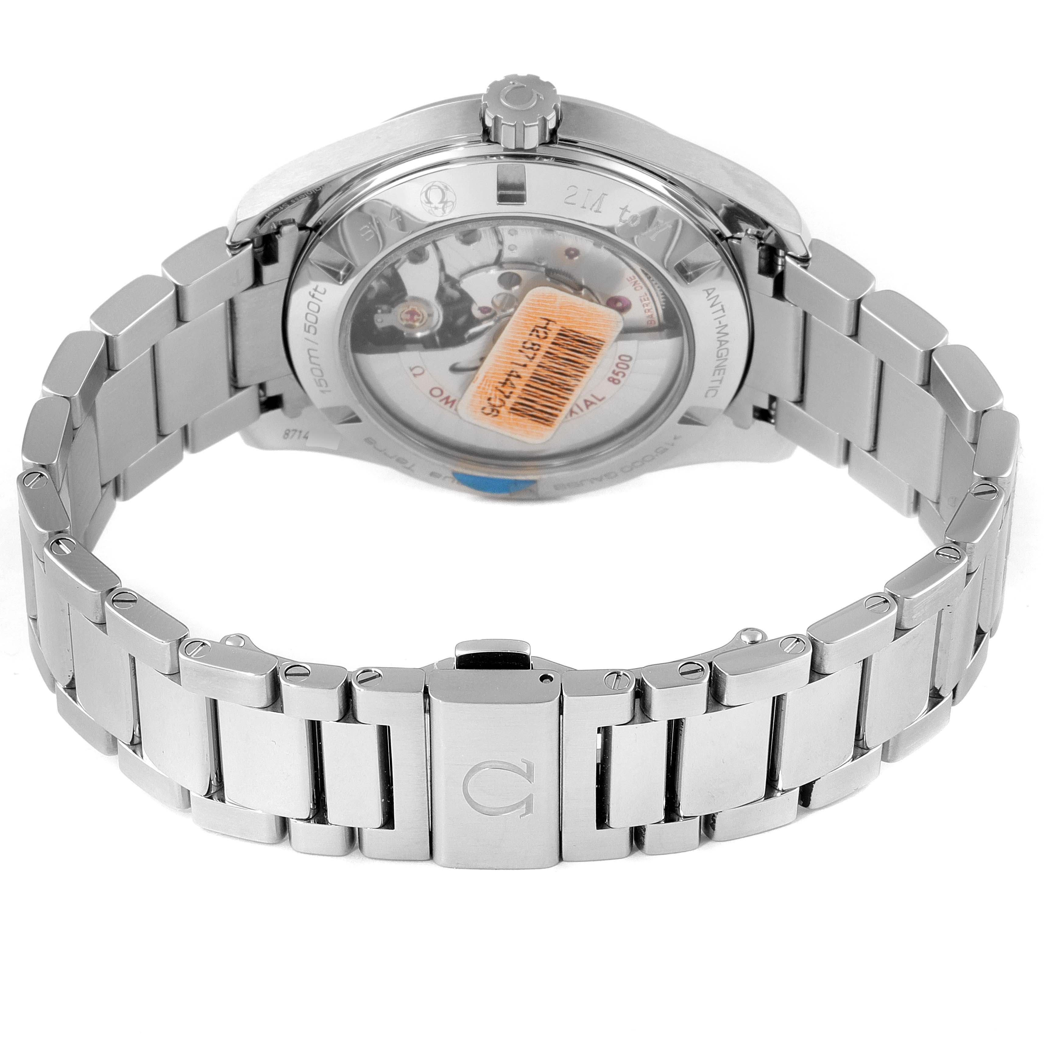 This image shows the back view of an Omega Aqua Terra 231.10.42.21.03.001 Men
s Stainless Steel Silver Dial 231.10.42.21.03.001 Men
s Stainless Steel Silver Dial watch, highlighting its case back and metal bracelet.