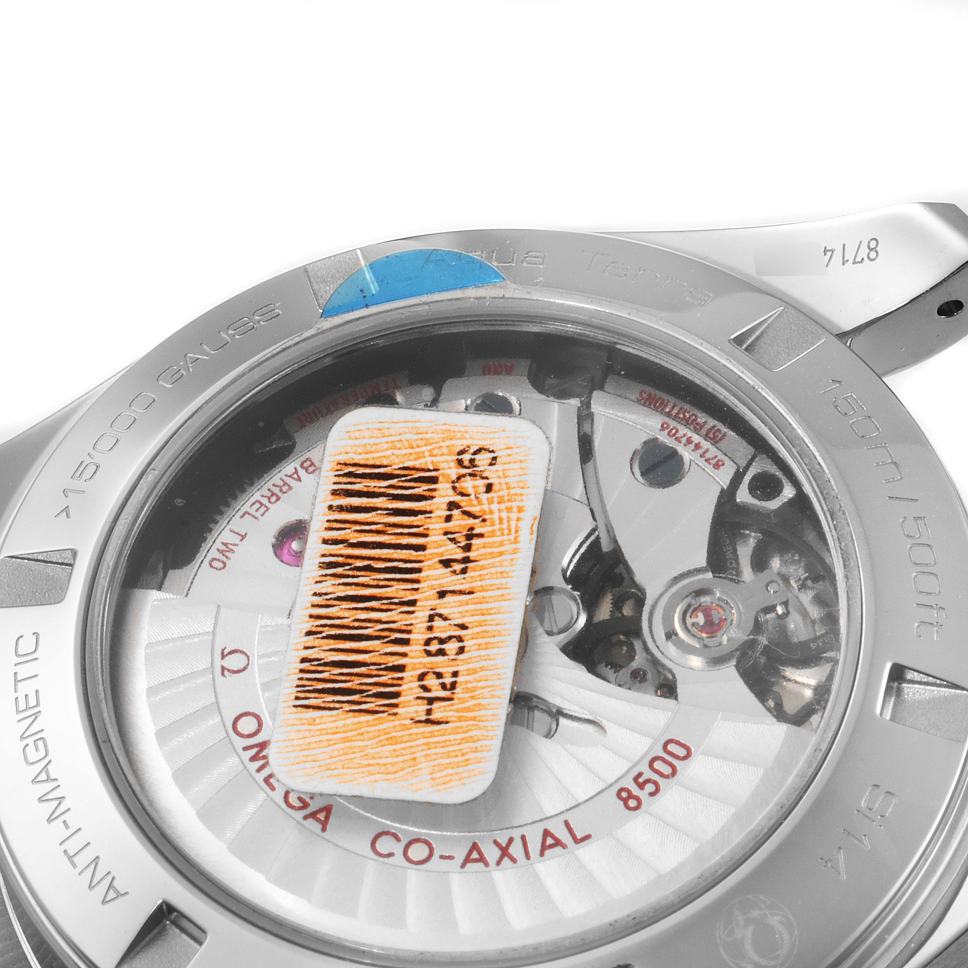 The image shows the back of the Omega Aqua Terra 231.10.42.21.03.001 Men
s Stainless Steel Silver Dial 231.10.42.21.03.001 Men
s Stainless Steel Silver Dial watch, highlighting the exposed mechanical movement and anti-magnetic features.