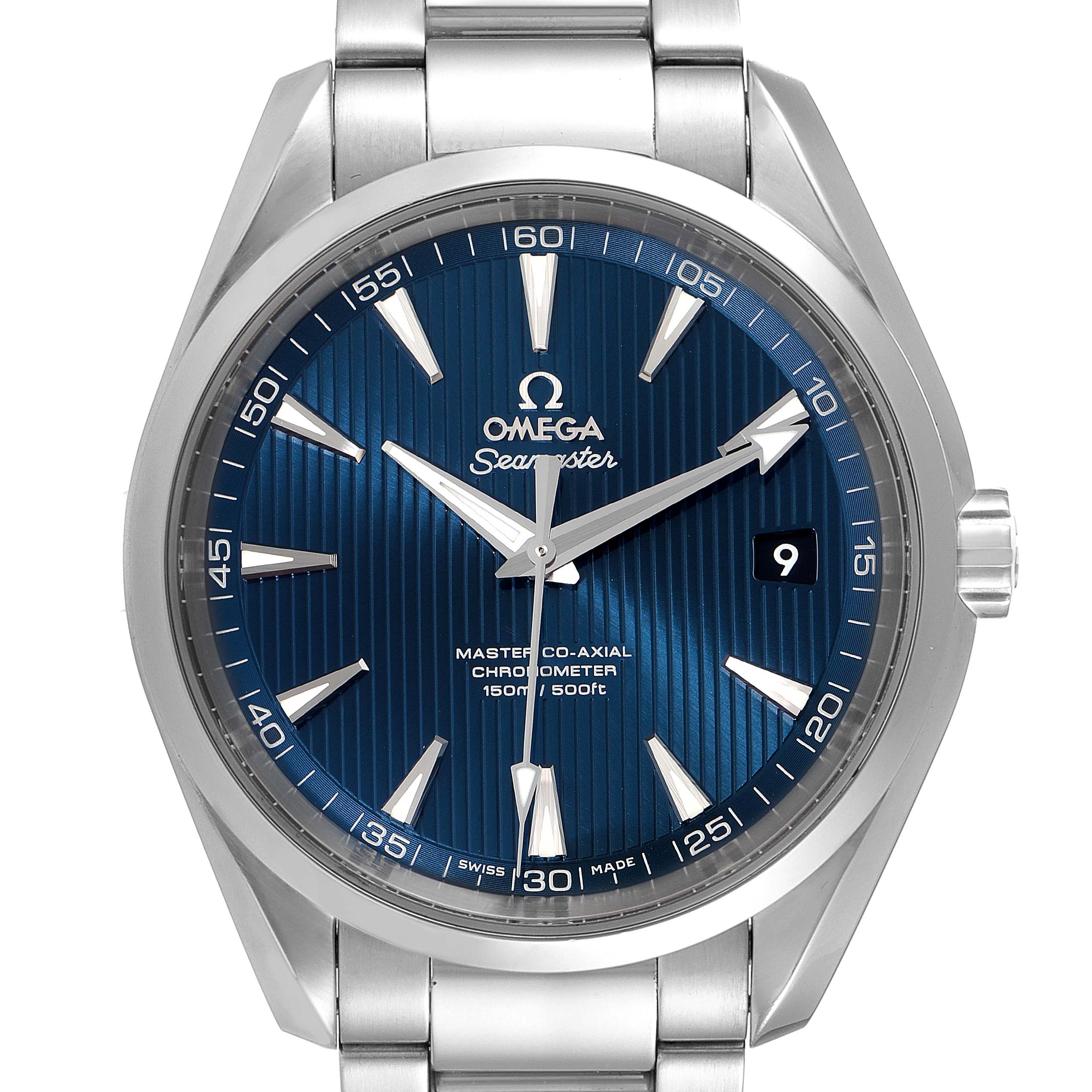 The Omega Aqua Terra 231.10.42.21.03.001 Men
s Stainless Steel Silver Dial 231.10.42.21.03.001 Men
s Stainless Steel Silver Dial watch is shown from a front angle, displaying the dial, hour markers, hands, and date window.