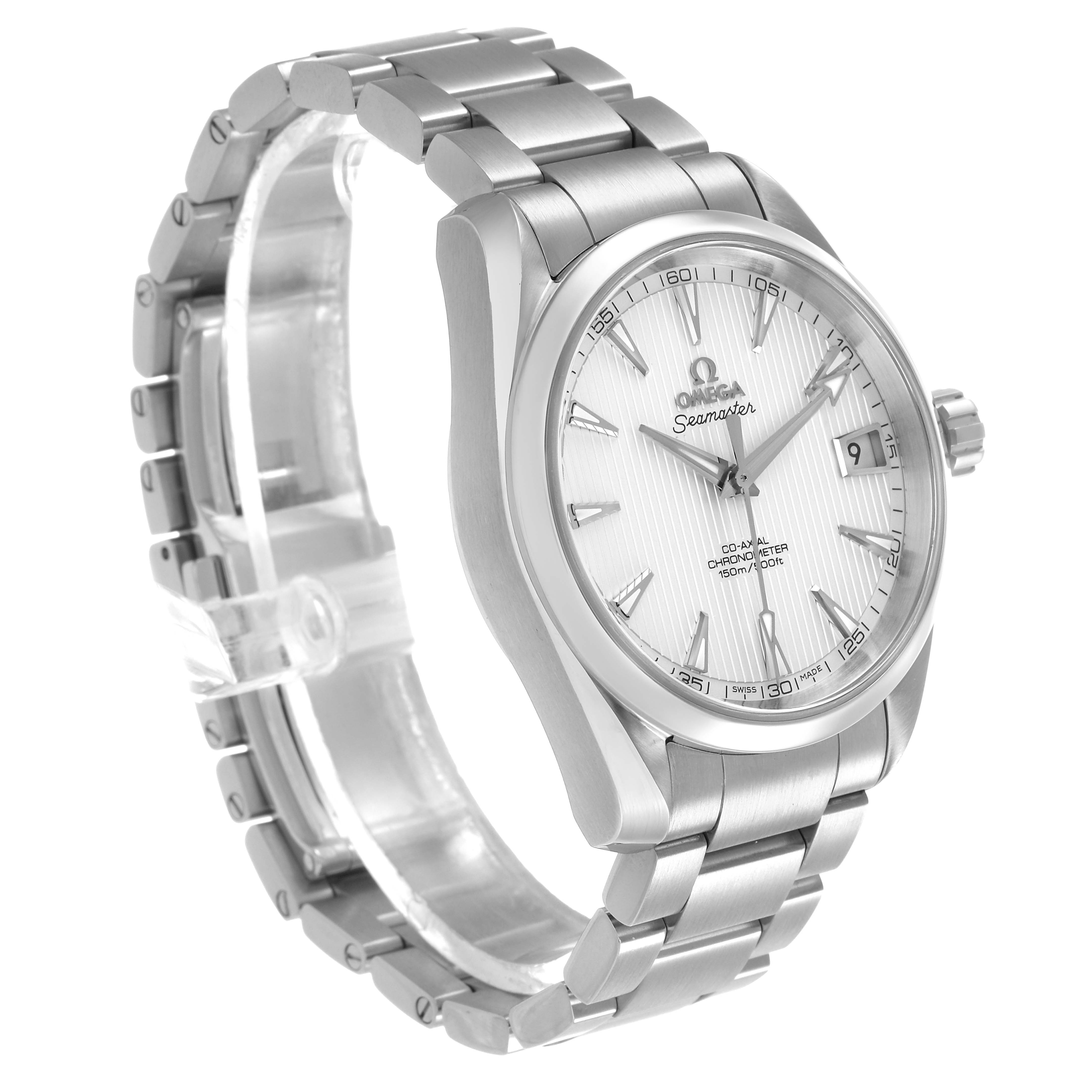 The Omega Aqua Terra 231.10.39.21.02.001 Men's Stainless Steel Silver Dial watch is shown from a left-side angle, featuring the dial, bezel, crown, and a partially open bracelet.