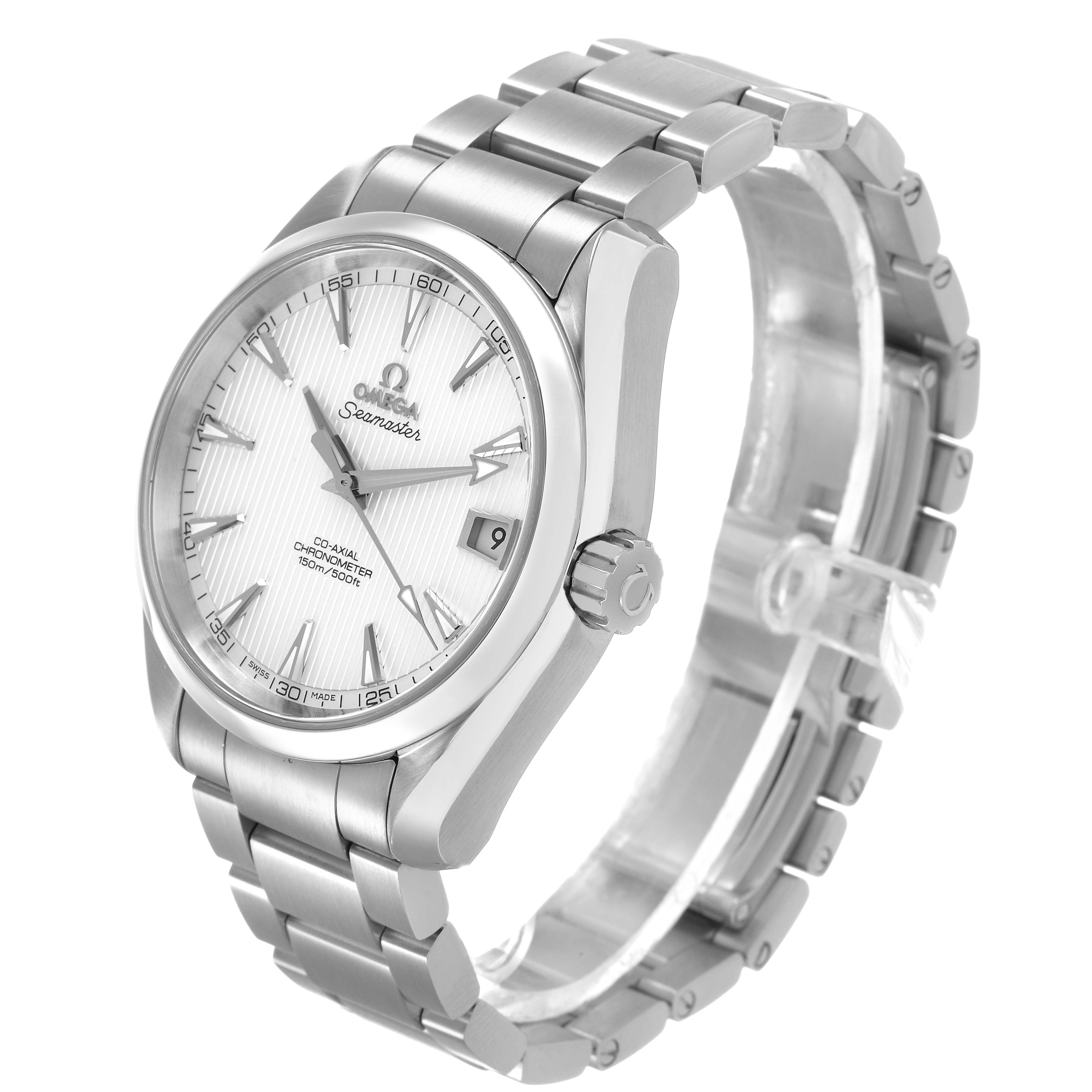 The Omega Aqua Terra 231.10.39.21.02.001 Men's Stainless Steel Silver Dial watch is shown at a three-quarter angle, highlighting the face, bracelet, and crown.