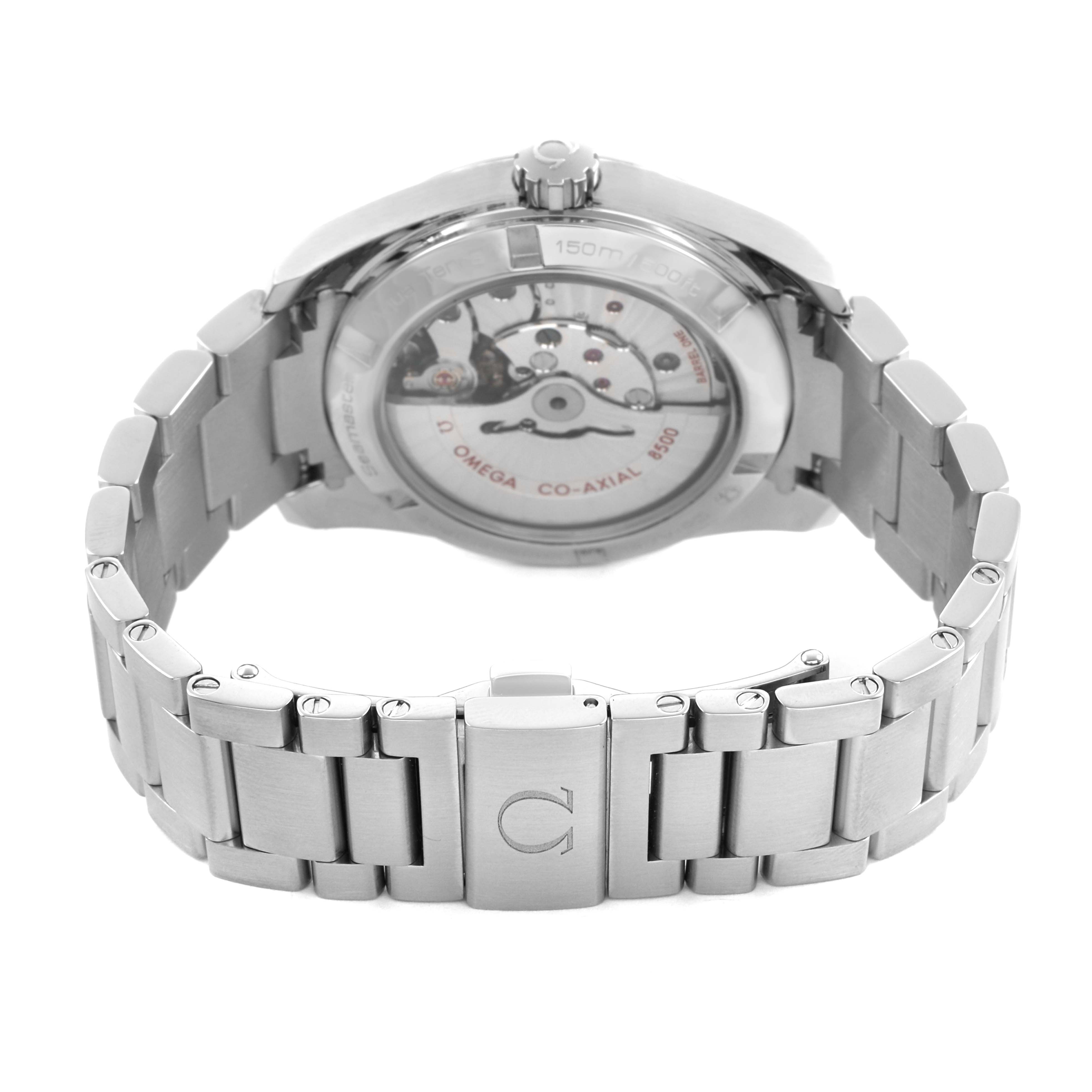 The Omega Aqua Terra 231.10.39.21.02.001 Men's Stainless Steel Silver Dial watch is shown from the rear, displaying its open case back and metal bracelet with a visible clasp.
