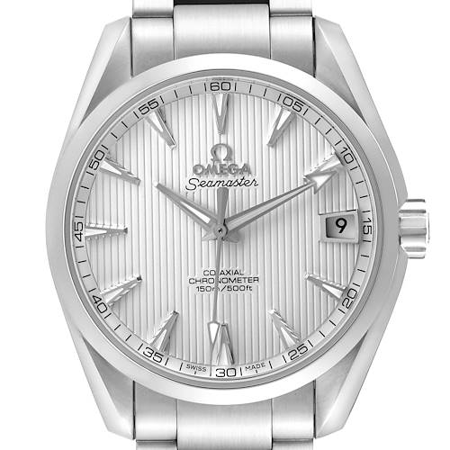 The Omega Aqua Terra 231.10.39.21.02.001 Men's Stainless Steel Silver Dial watch is shown from the front, highlighting the dial, hands, indices, bezel, and part of the bracelet.