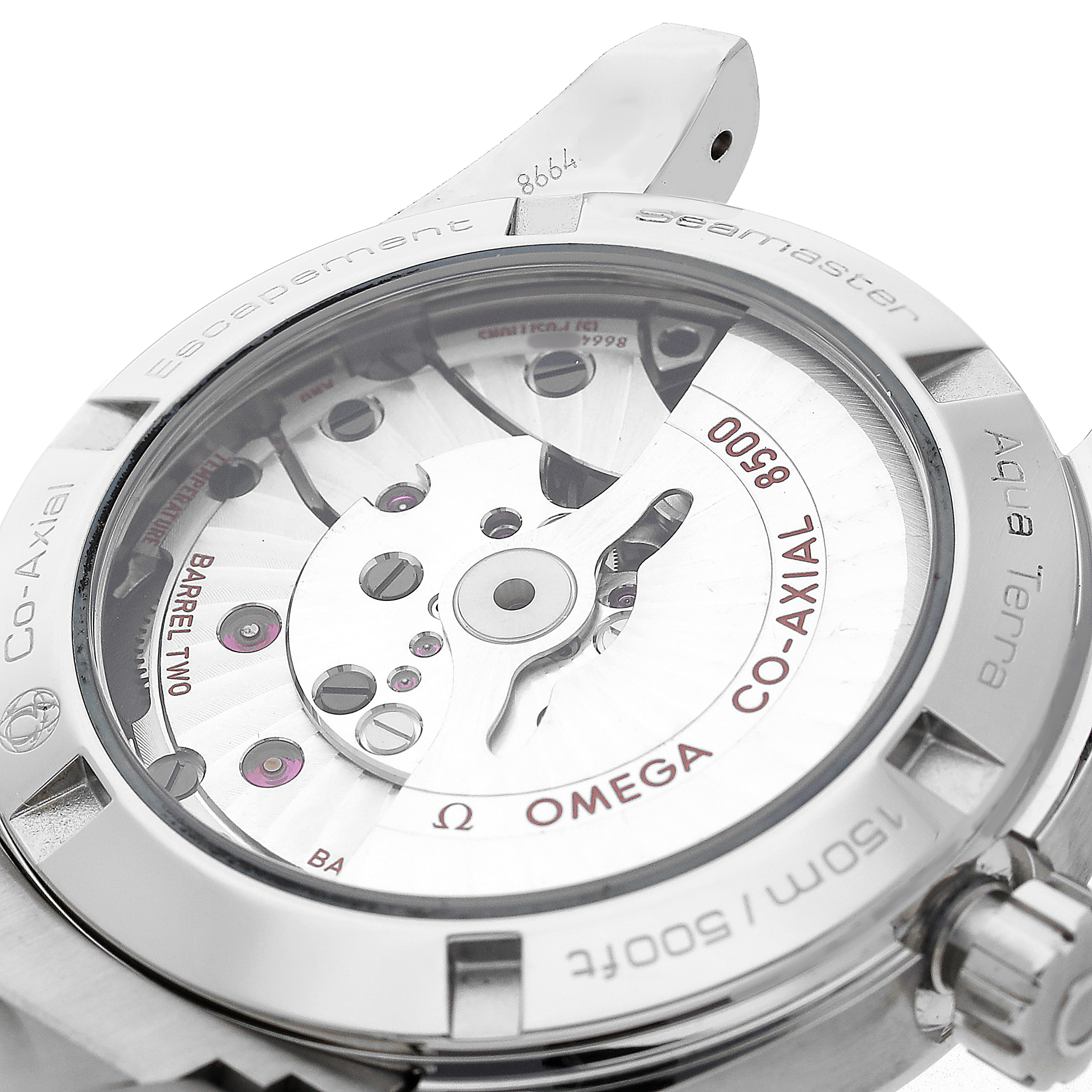 The Omega Aqua Terra 231.10.39.21.02.001 Men's Stainless Steel Silver Dial watch is shown from a rear angle, highlighting the Co-Axial 8500 movement through a transparent case back.