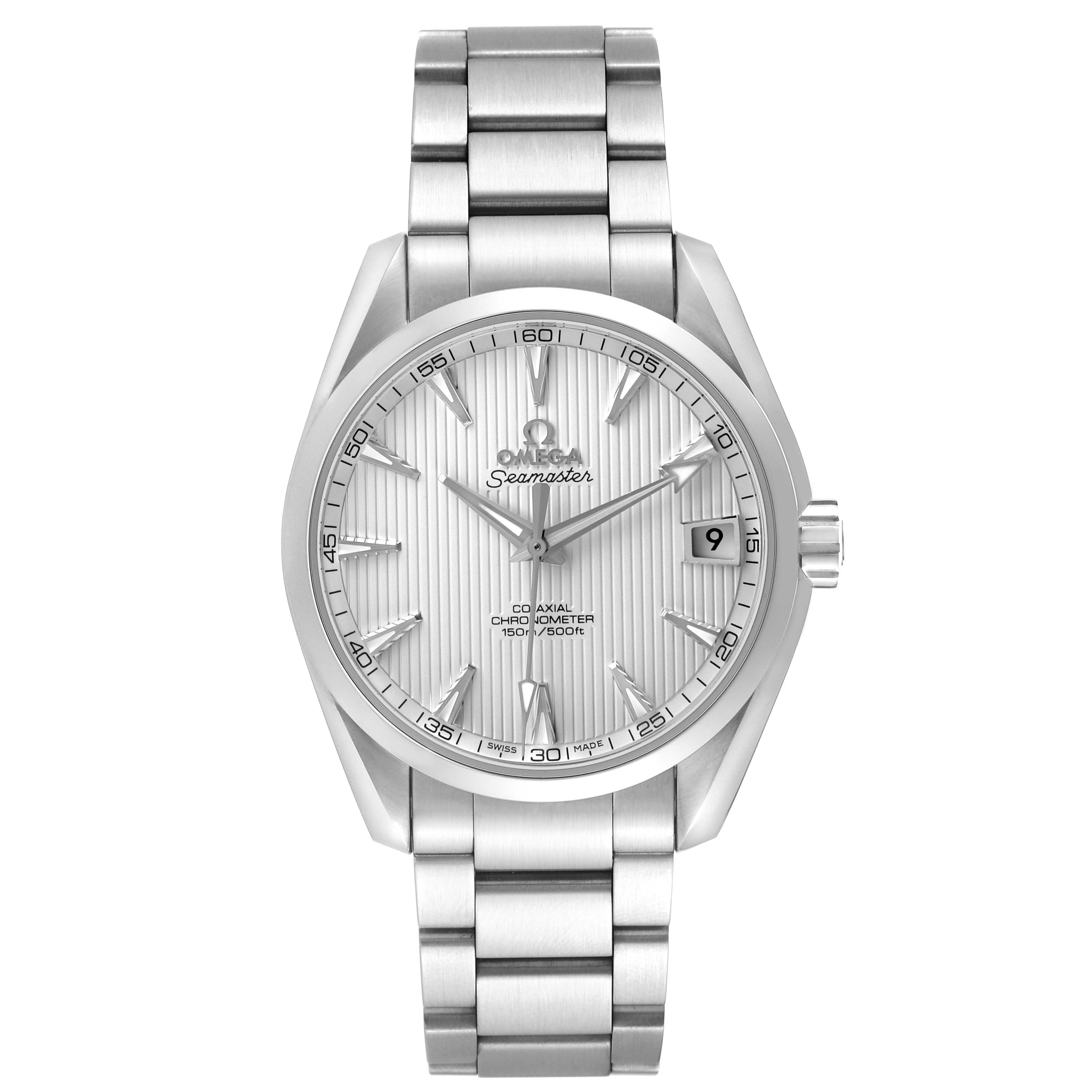 The Omega Aqua Terra 231.10.39.21.02.001 Men's Stainless Steel Silver Dial watch is shown from the front, highlighting its face and metal bracelet.