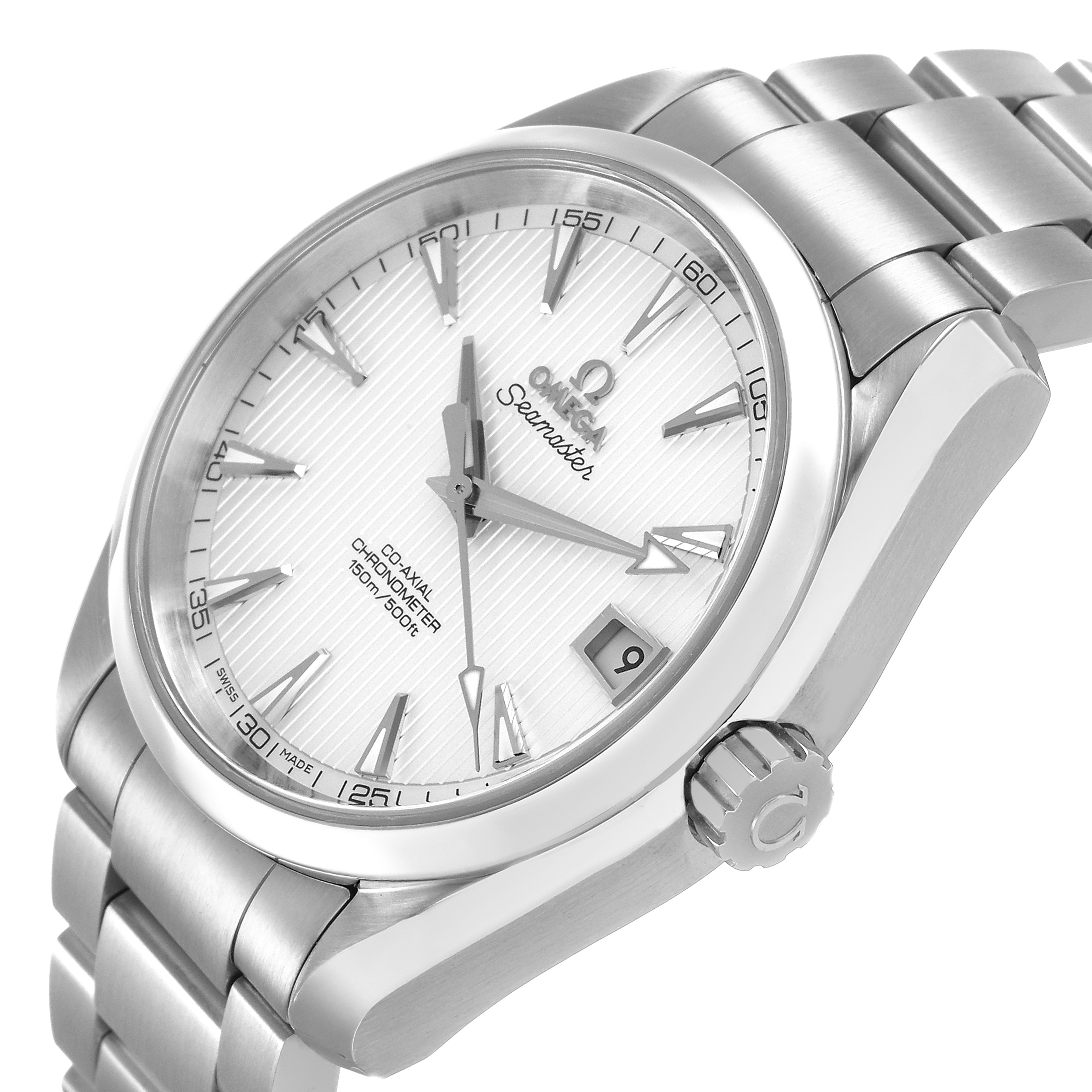The Omega Aqua Terra 231.10.39.21.02.001 Men's Stainless Steel Silver Dial watch is shown at an angled side view highlighting its face, case, and bracelet.