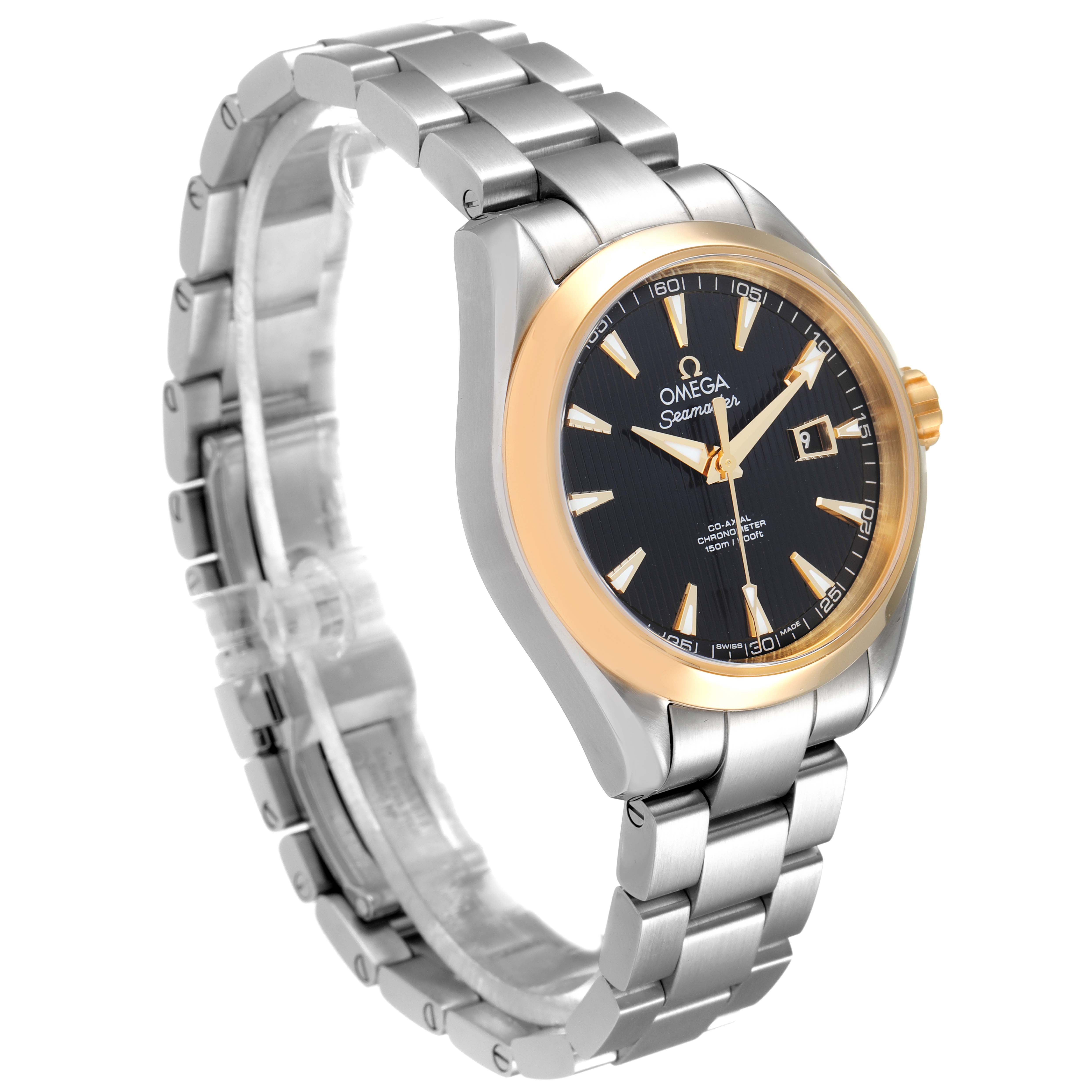The image shows the Omega 231.20.34.20.01.004 Women's Steel and Gold (two tone) Black Dial 231.20.34.20.01.004 Women's Steel and Gold (two tone) Black Dial Seamaster Aqua Terra Steel Yellow Gold Watch 231.20.34.20.01.004 from a front-side angle, highlighting the dial and bracelet.