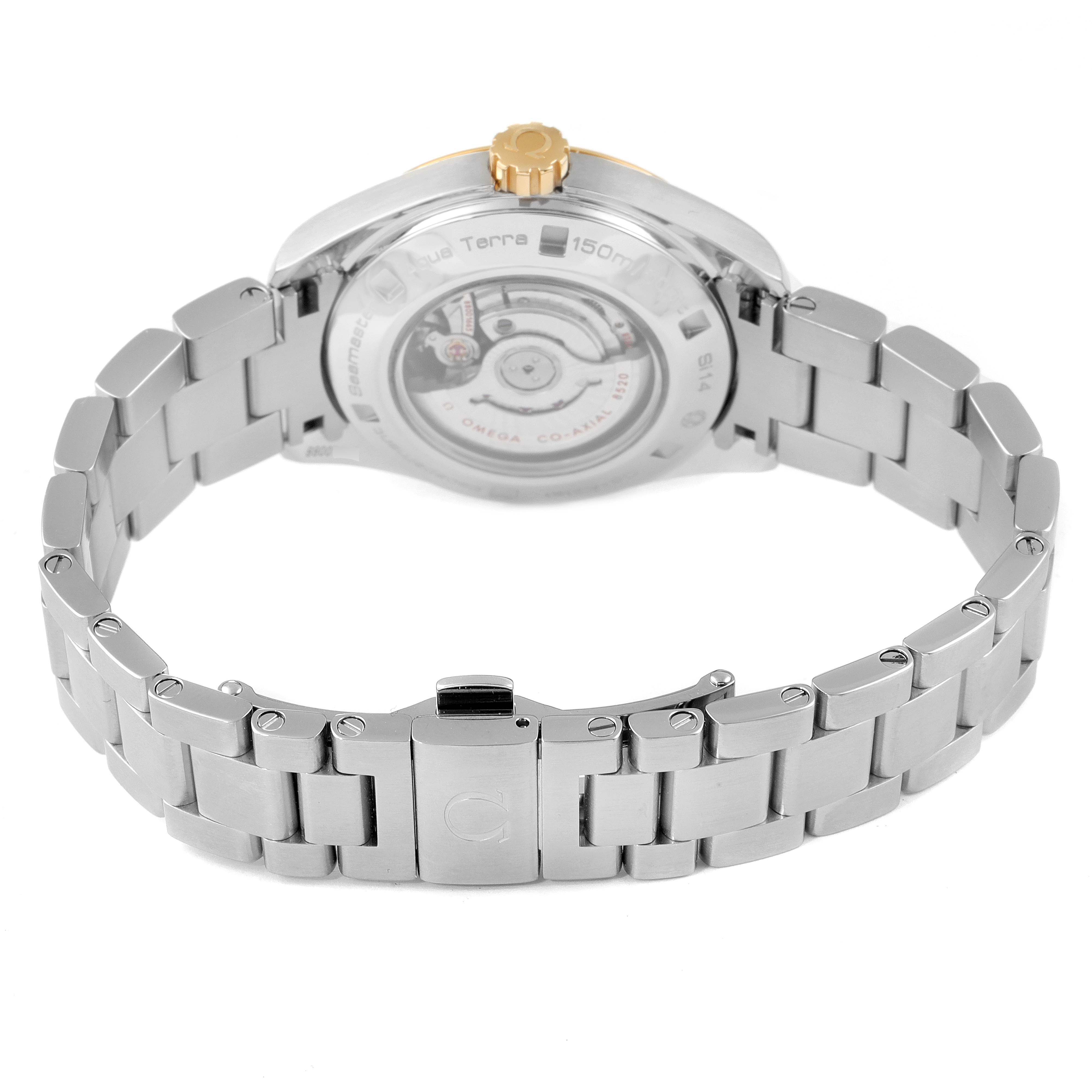 The image shows the back view of an Omega 231.20.34.20.01.004 Women's Steel and Gold (two tone) Black Dial 231.20.34.20.01.004 Women's Steel and Gold (two tone) Black Dial Seamaster Aqua Terra Steel Yellow Gold Watch 231.20.34.20.01.004, highlighting its bracelet and exhibition case back.