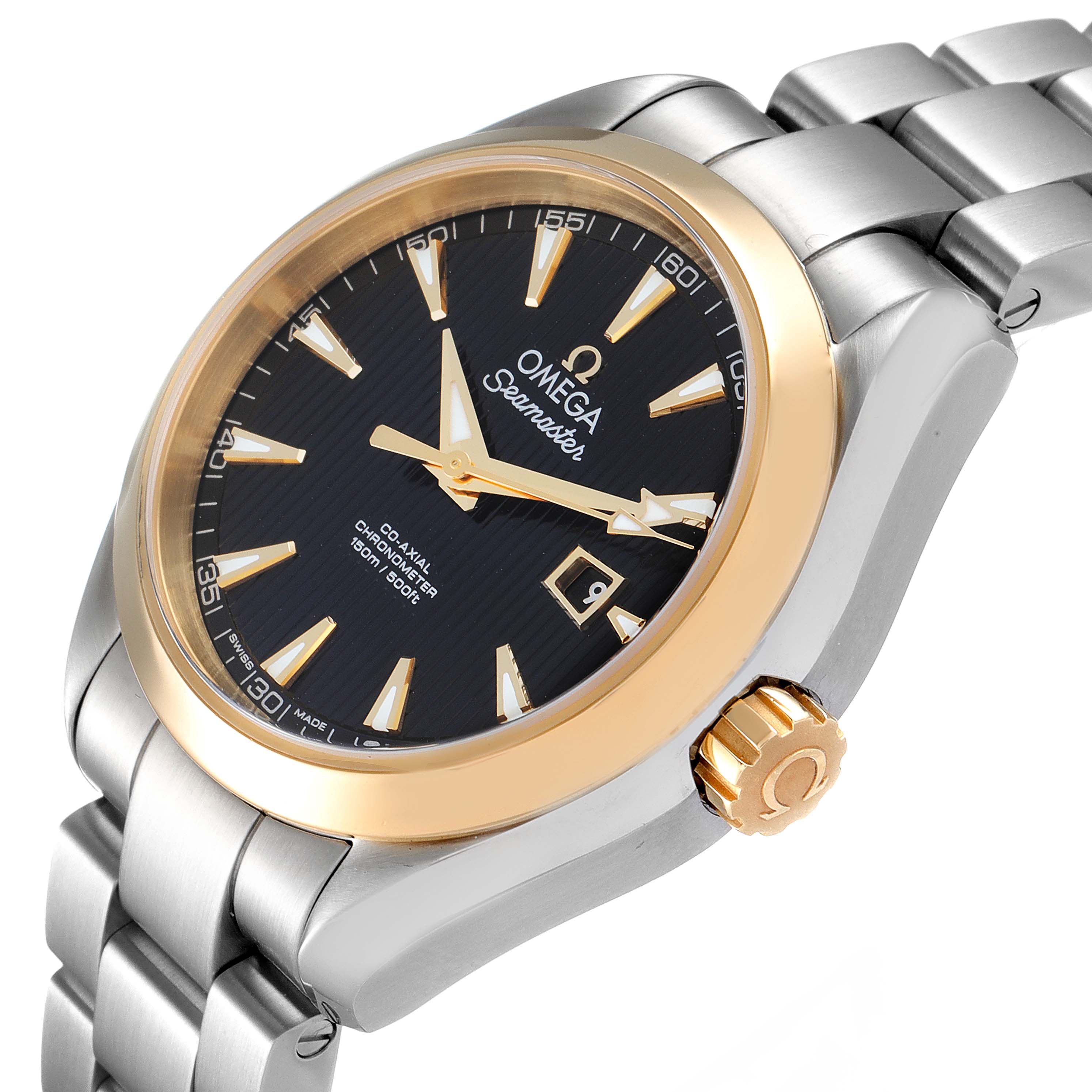 This image shows an angled view of the Omega 231.20.34.20.01.004 Women's Steel and Gold (two tone) Black Dial 231.20.34.20.01.004 Women's Steel and Gold (two tone) Black Dial Seamaster Aqua Terra Steel Yellow Gold Watch model 231.20.34.20.01.004, focusing on the case, bezel, dial, and bracelet.