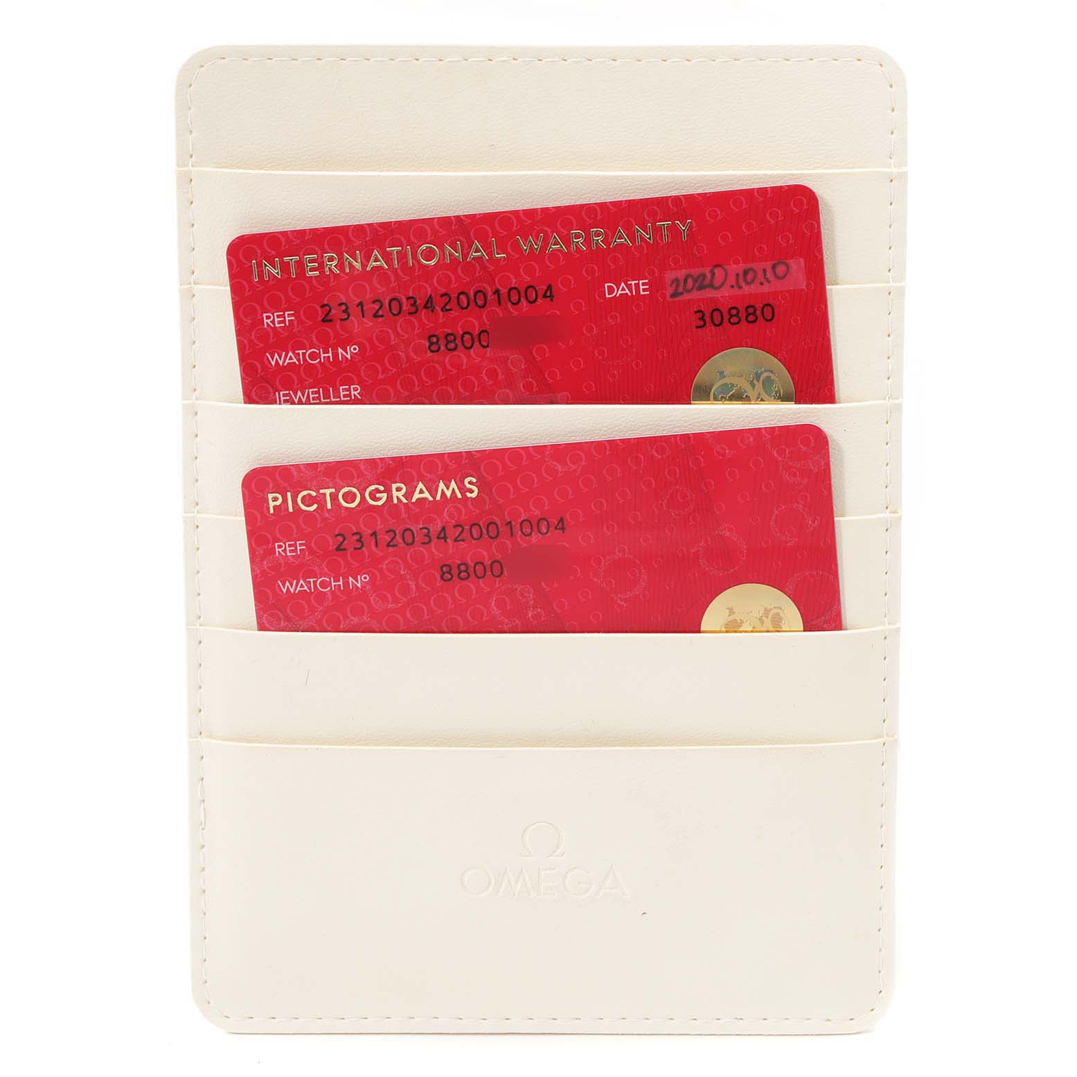 The image shows the international warranty and pictograms cards for the Omega 231.20.34.20.01.004 Women's Steel and Gold (two tone) Black Dial 231.20.34.20.01.004 Women's Steel and Gold (two tone) Black Dial Seamaster Aqua Terra Steel Yellow Gold Watch 231.20.34.20.01.004.