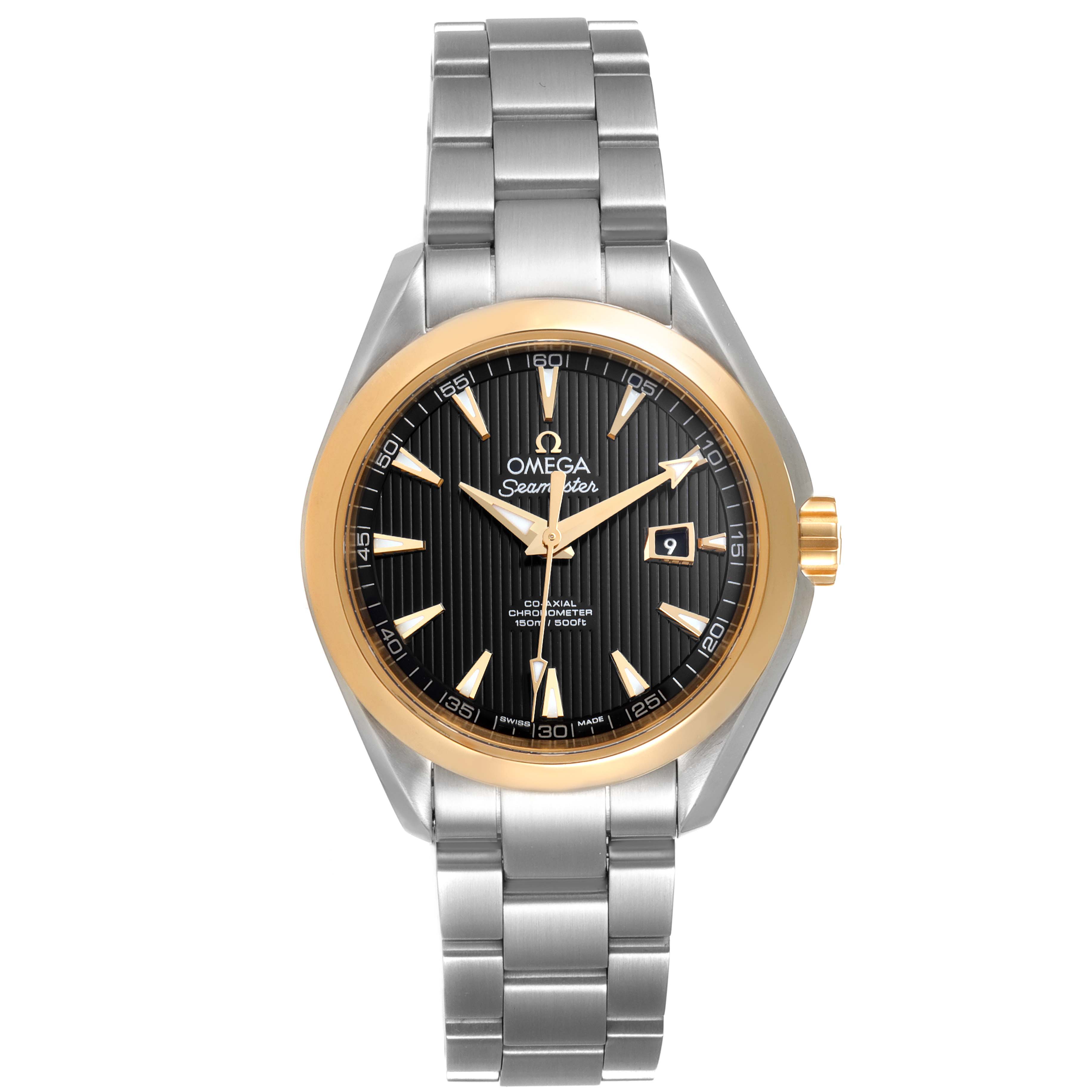 The image shows a front view of an Omega 231.20.34.20.01.004 Women's Steel and Gold (two tone) Black Dial 231.20.34.20.01.004 Women's Steel and Gold (two tone) Black Dial Seamaster Aqua Terra Steel Yellow Gold Watch 231.20.34.20.01.004.