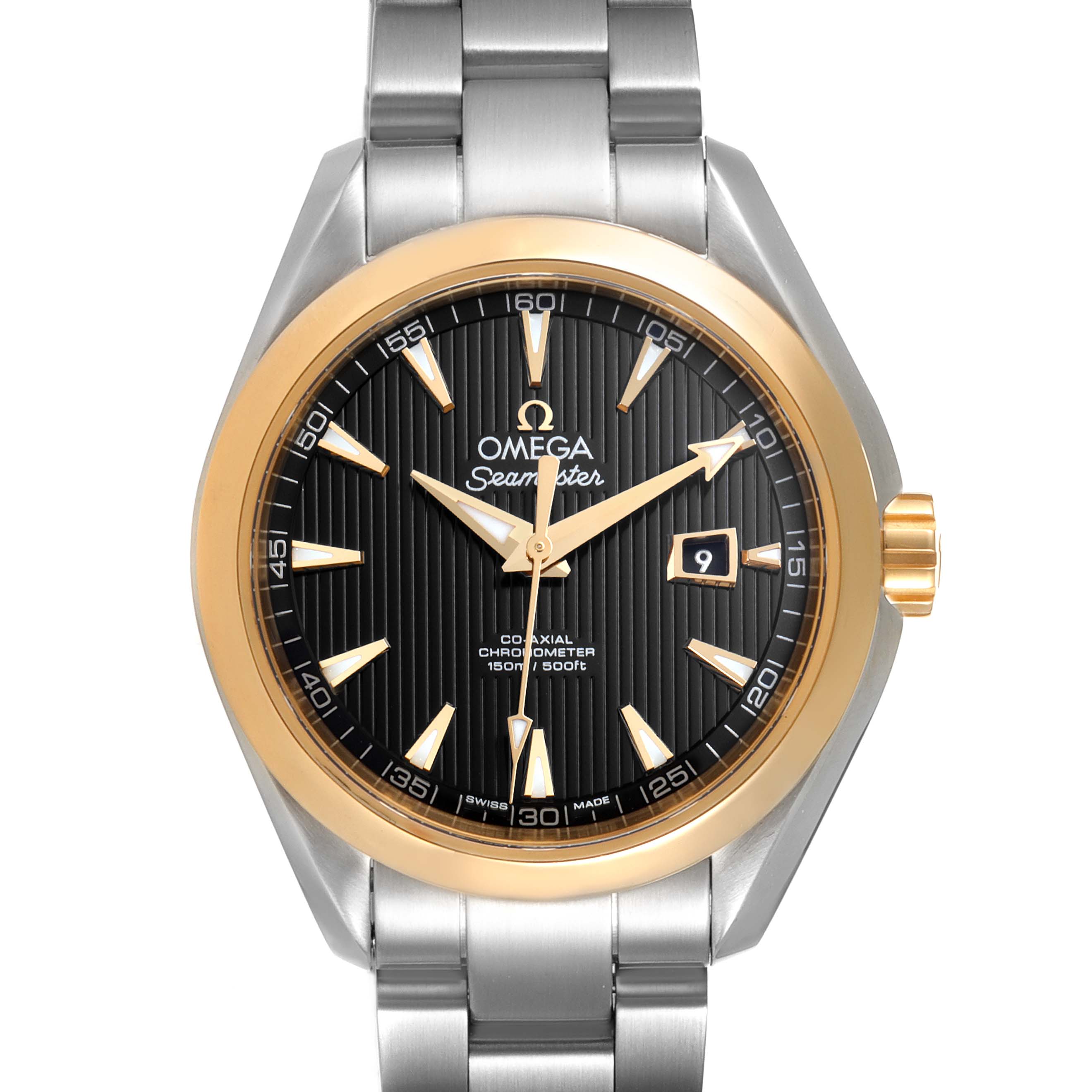 This image shows a close-up, front-facing view of the Omega 231.20.34.20.01.004 Women's Steel and Gold (two tone) Black Dial 231.20.34.20.01.004 Women's Steel and Gold (two tone) Black Dial Seamaster Aqua Terra Steel Yellow Gold Watch 231.20.34.20.01.004.