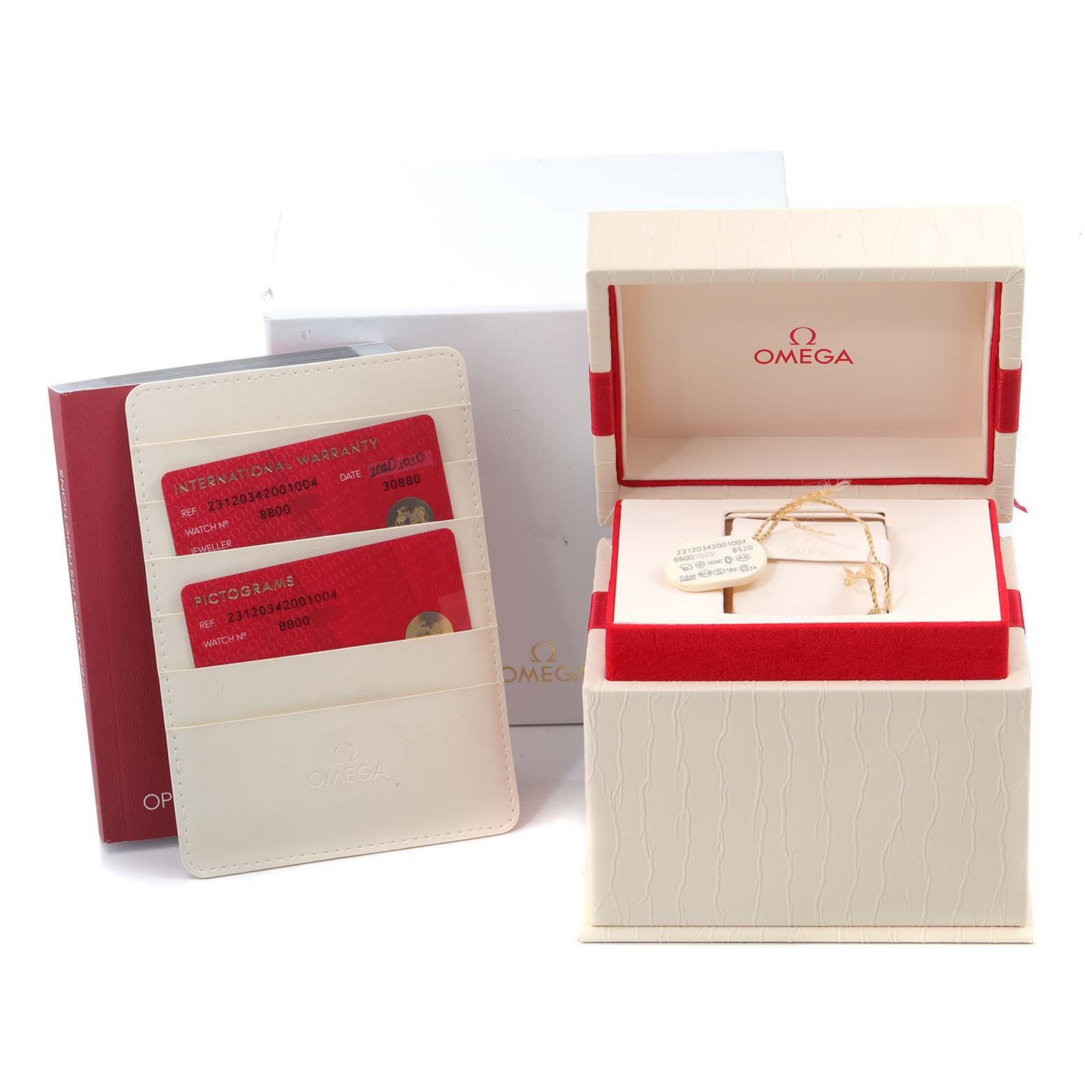 The image shows the box, warranty cards, and cardholder for the Omega 231.20.34.20.01.004 Women's Steel and Gold (two tone) Black Dial 231.20.34.20.01.004 Women's Steel and Gold (two tone) Black Dial Seamaster Aqua Terra Steel Yellow Gold Watch 231.20.34.20.01.004.