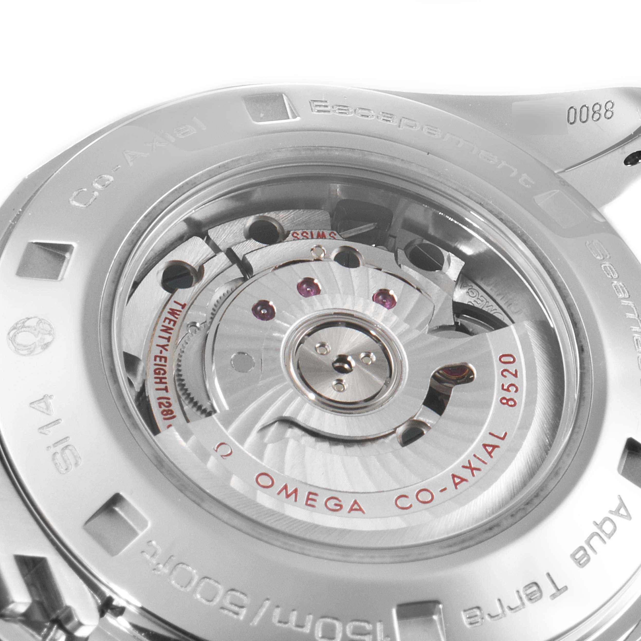 This image shows the back view of the Omega 231.20.34.20.01.004 Women's Steel and Gold (two tone) Black Dial 231.20.34.20.01.004 Women's Steel and Gold (two tone) Black Dial Seamaster Aqua Terra Steel Yellow Gold model 231.20.34.20.01.004, highlighting the Co-Axial movement.